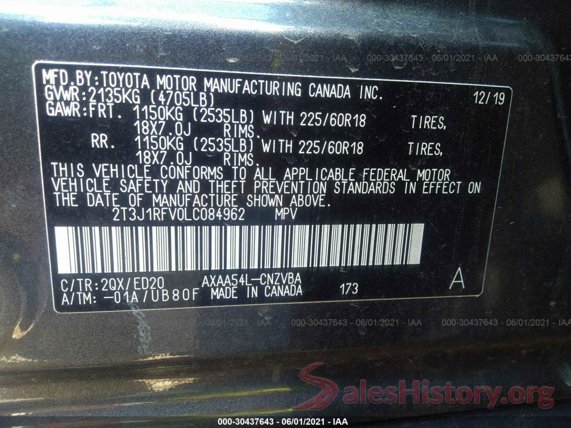 2T3J1RFV0LC084962 2020 TOYOTA RAV4