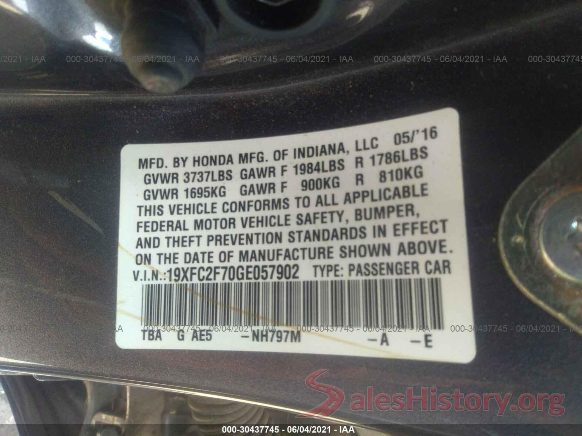 19XFC2F70GE057902 2016 HONDA CIVIC SEDAN