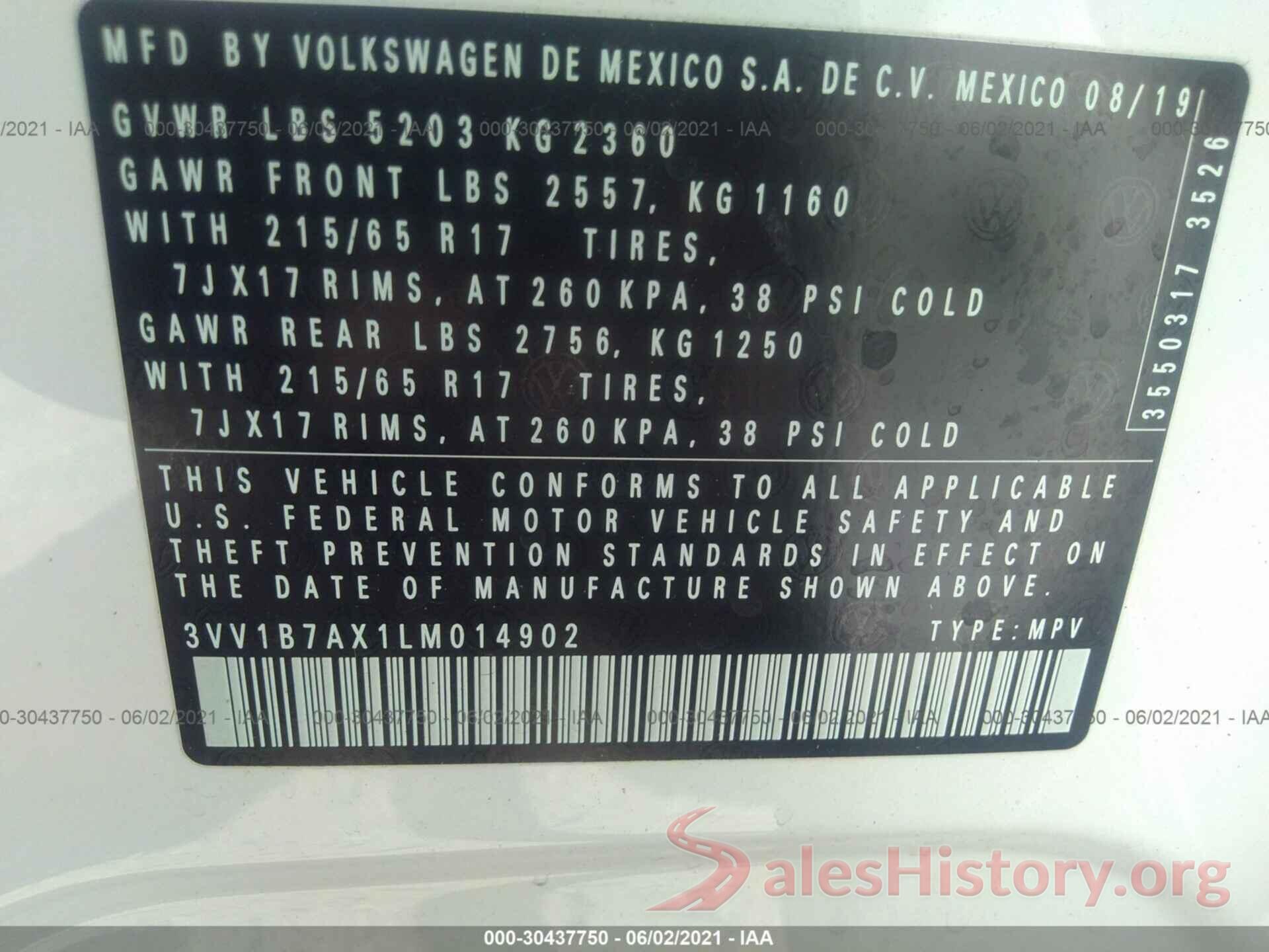 3VV1B7AX1LM014902 2020 VOLKSWAGEN TIGUAN