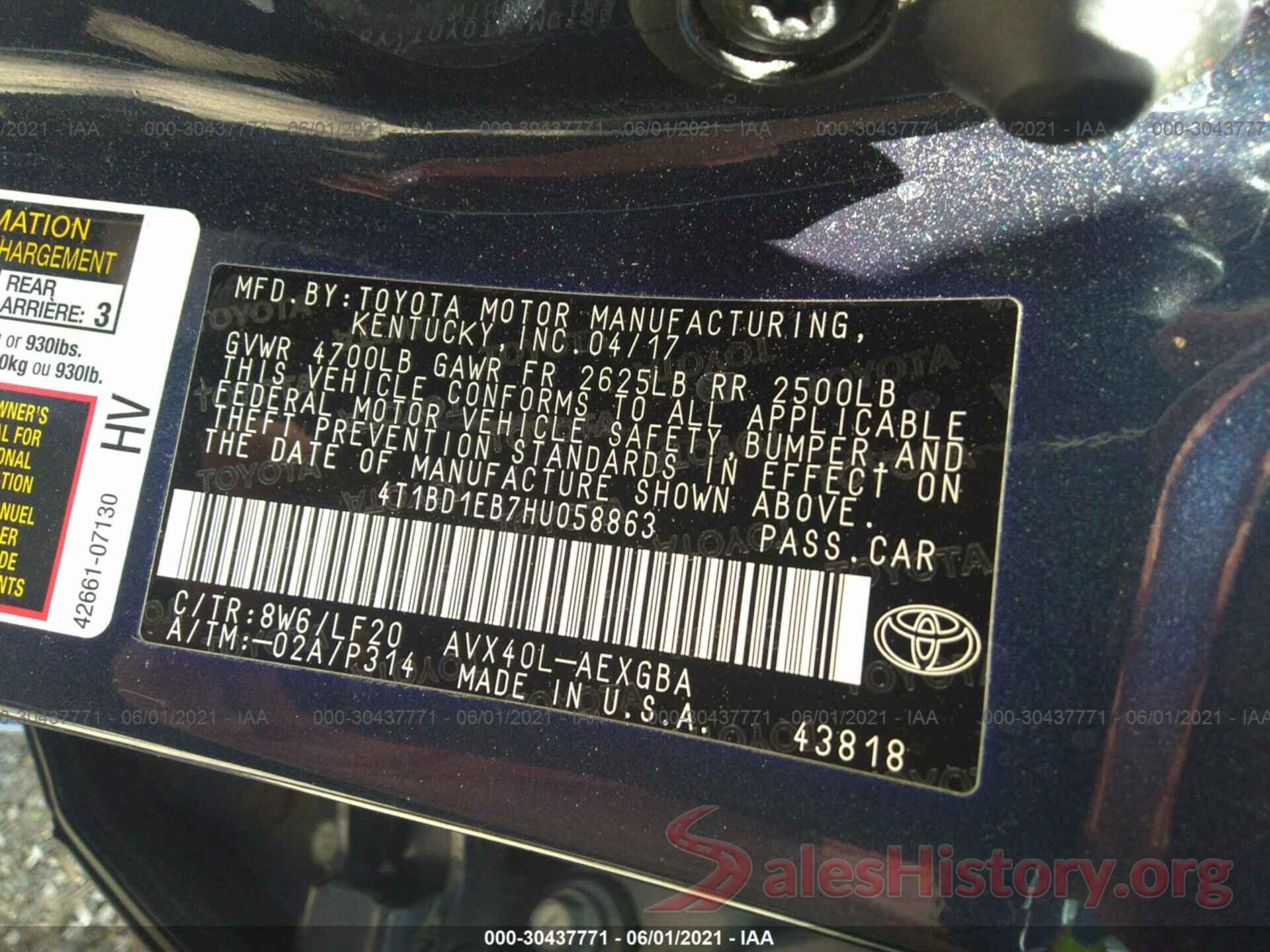 4T1BD1EB7HU058863 2017 TOYOTA AVALON