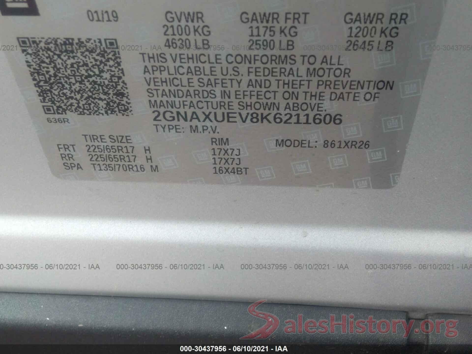 2GNAXUEV8K6211606 2019 CHEVROLET EQUINOX