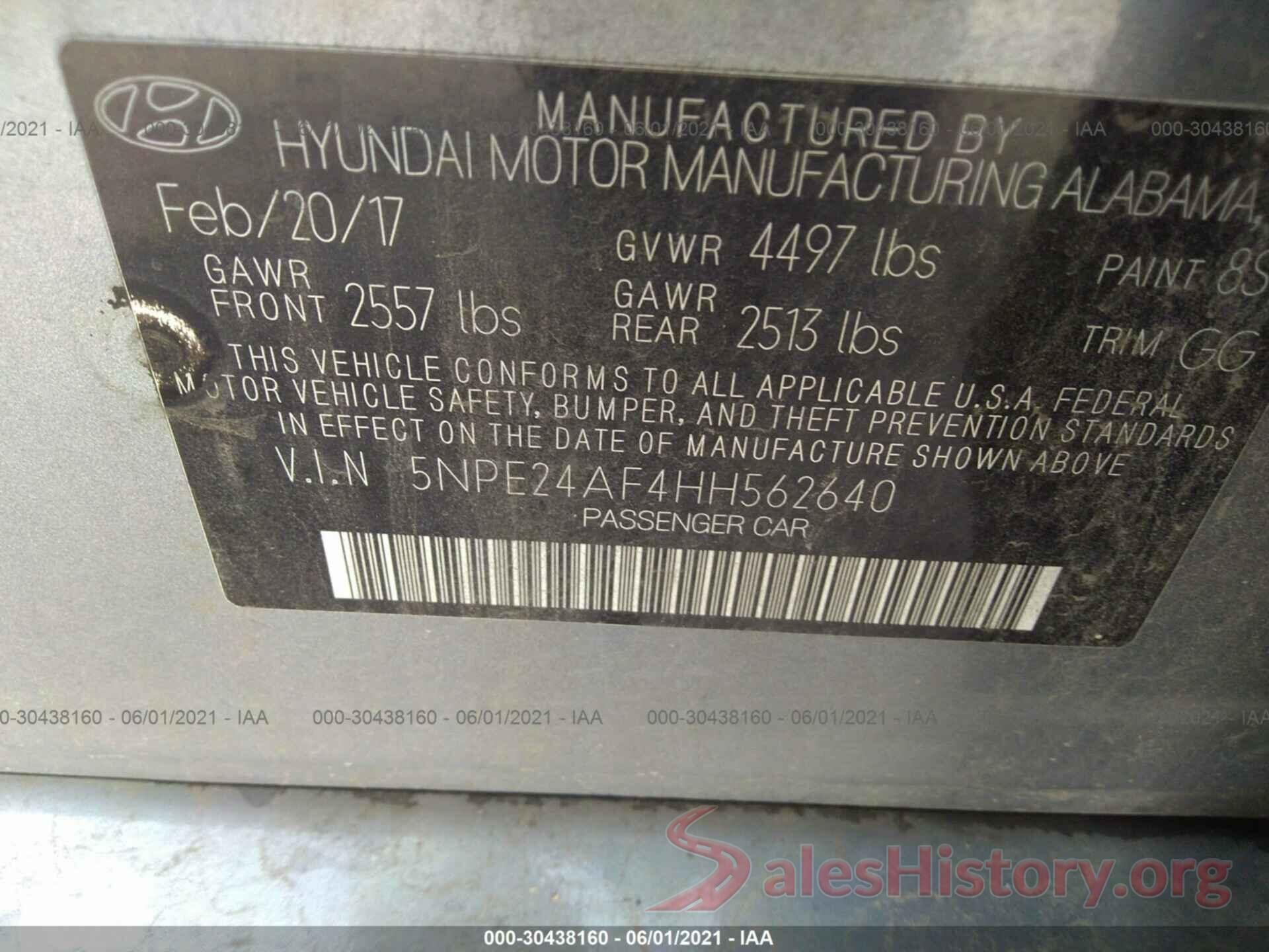 5NPE24AF4HH562640 2017 HYUNDAI SONATA