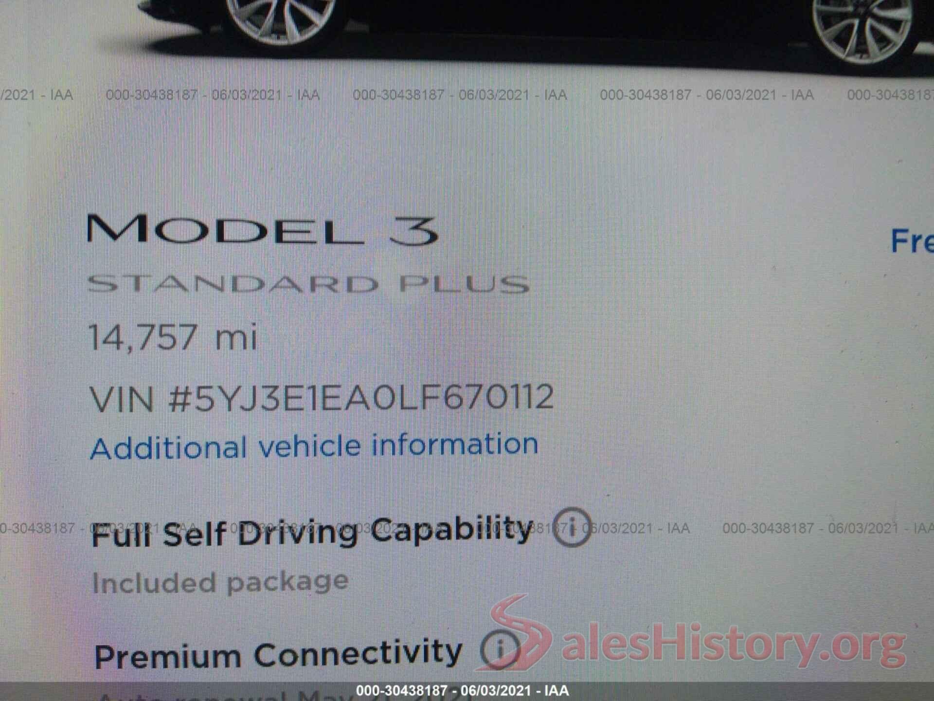 5YJ3E1EA0LF670112 2020 TESLA MODEL 3