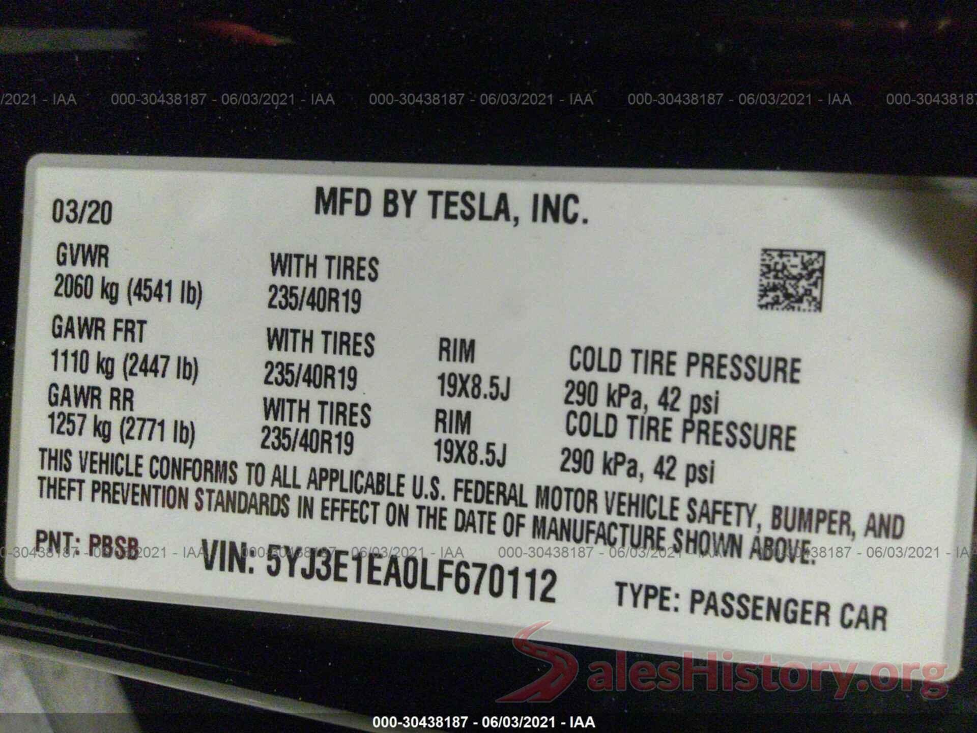 5YJ3E1EA0LF670112 2020 TESLA MODEL 3