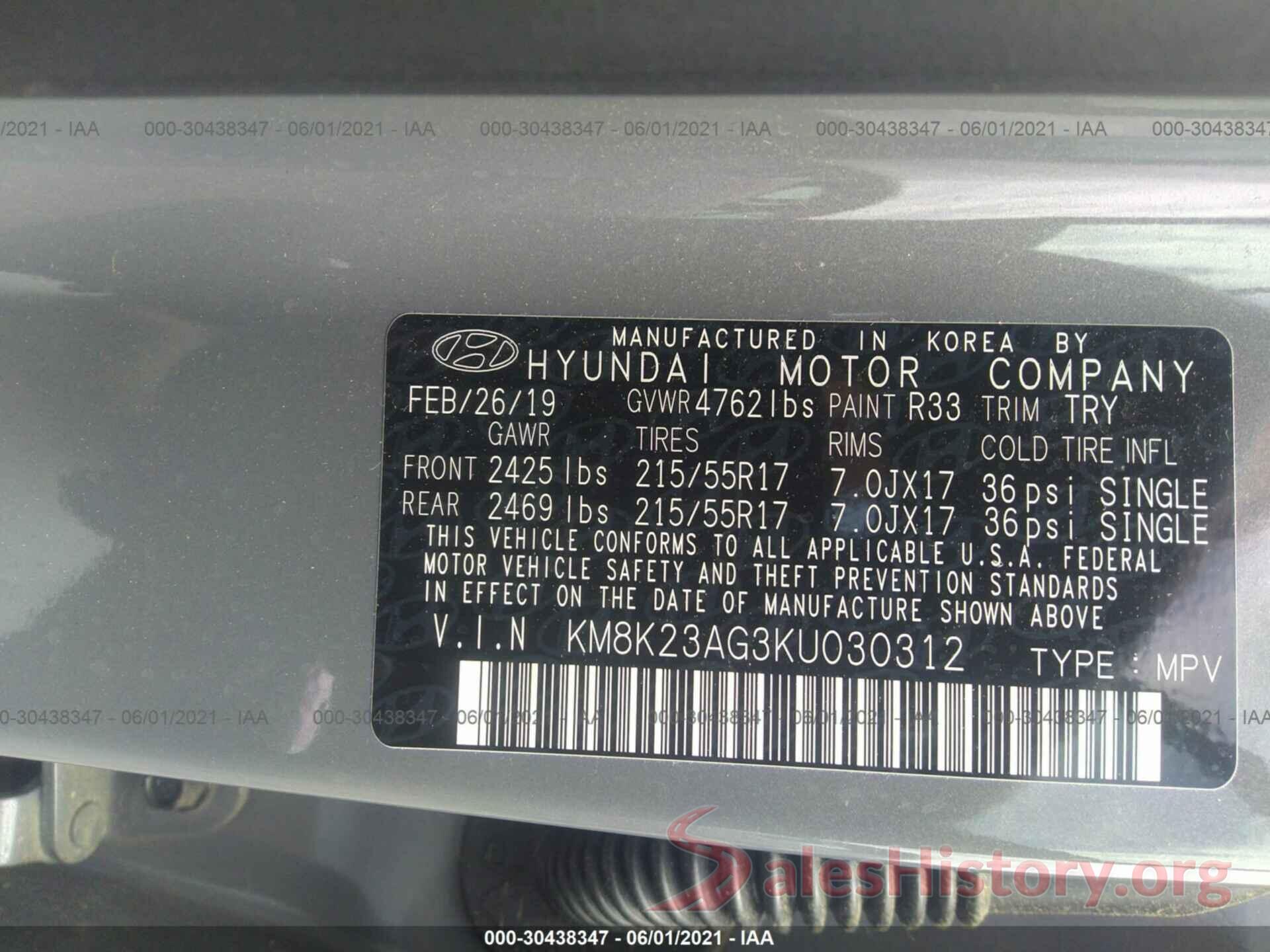 KM8K23AG3KU030312 2019 HYUNDAI KONA EV