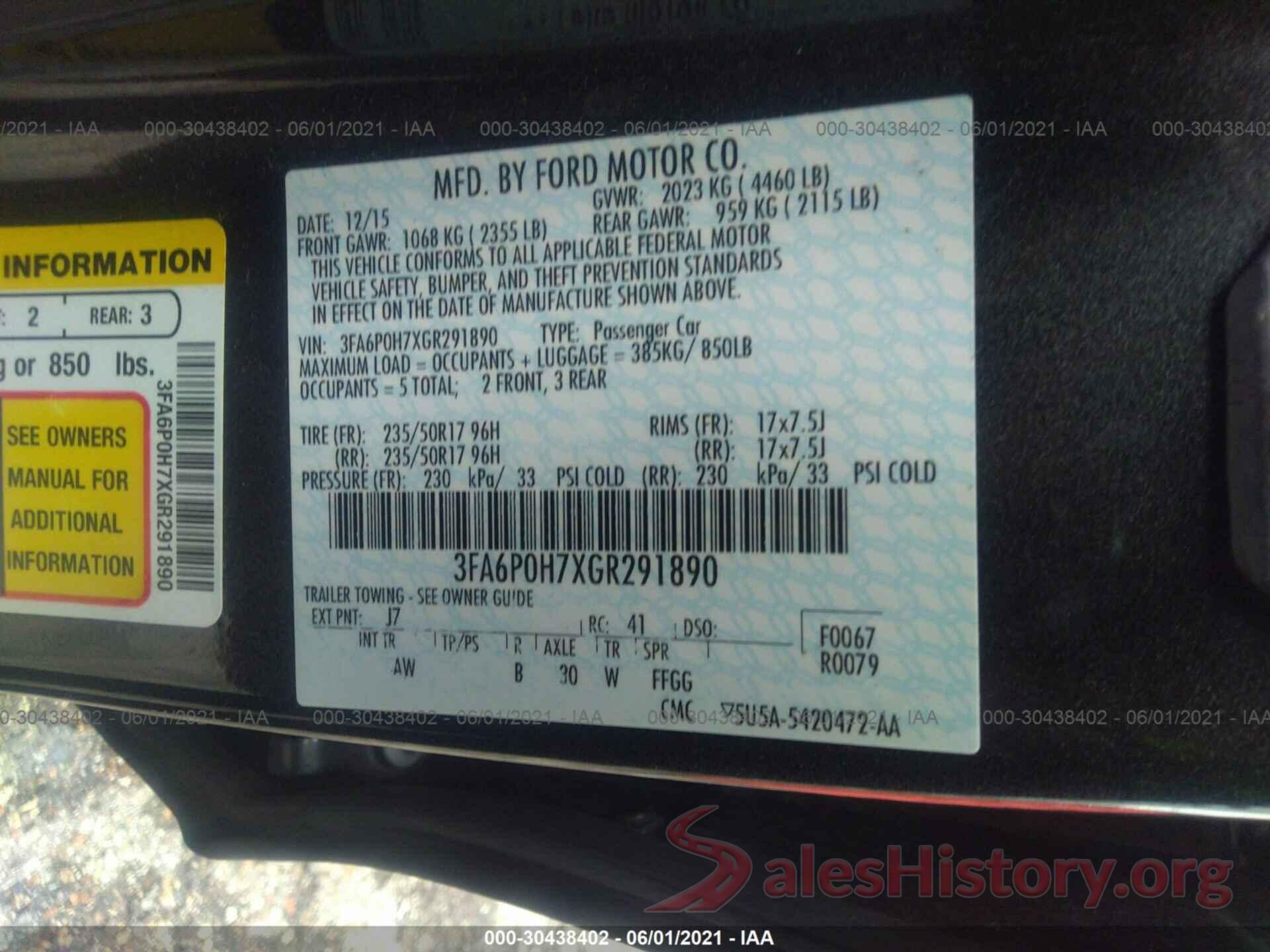 3FA6P0H7XGR291890 2016 FORD FUSION