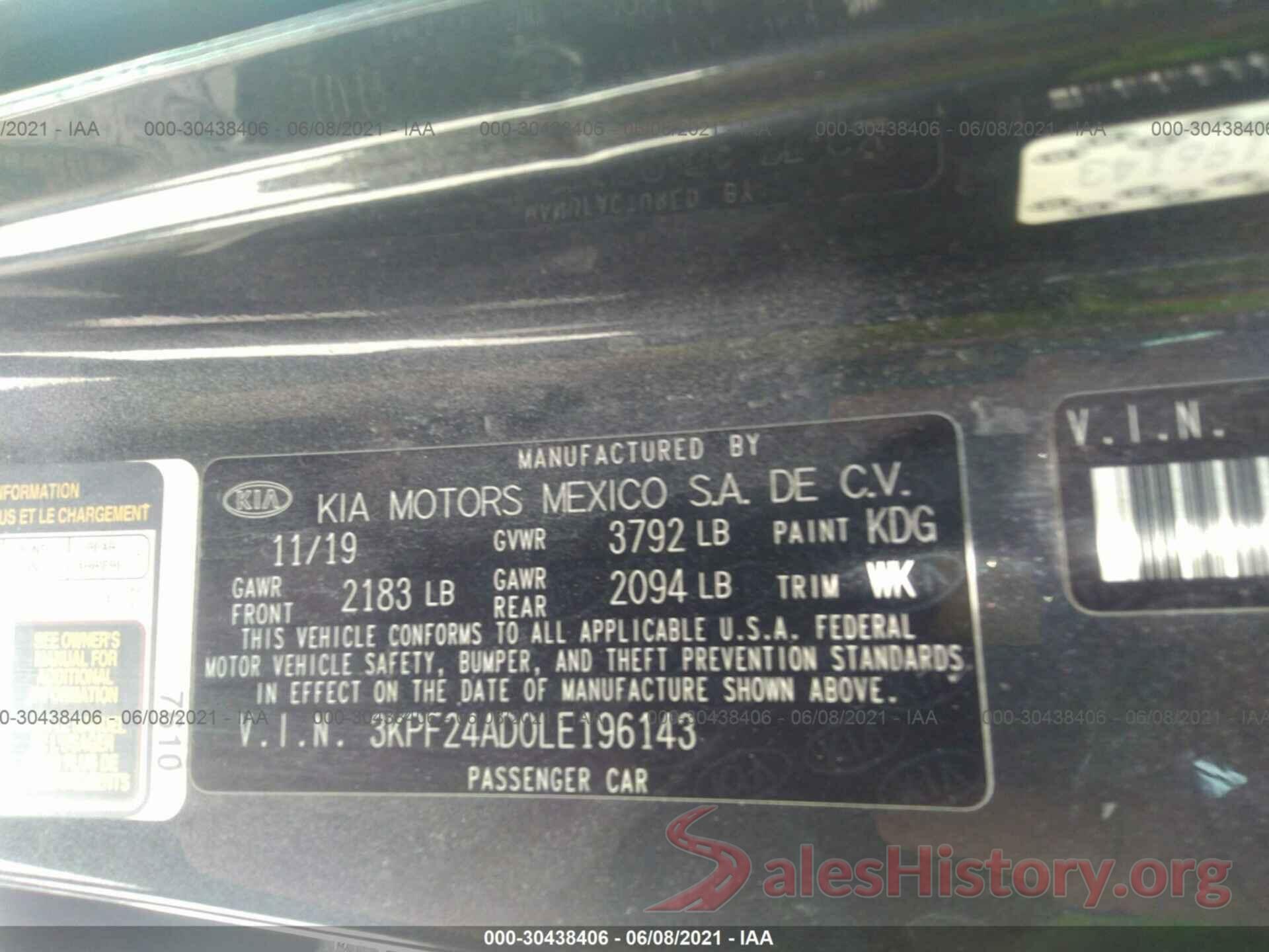 3KPF24AD0LE196143 2020 KIA FORTE