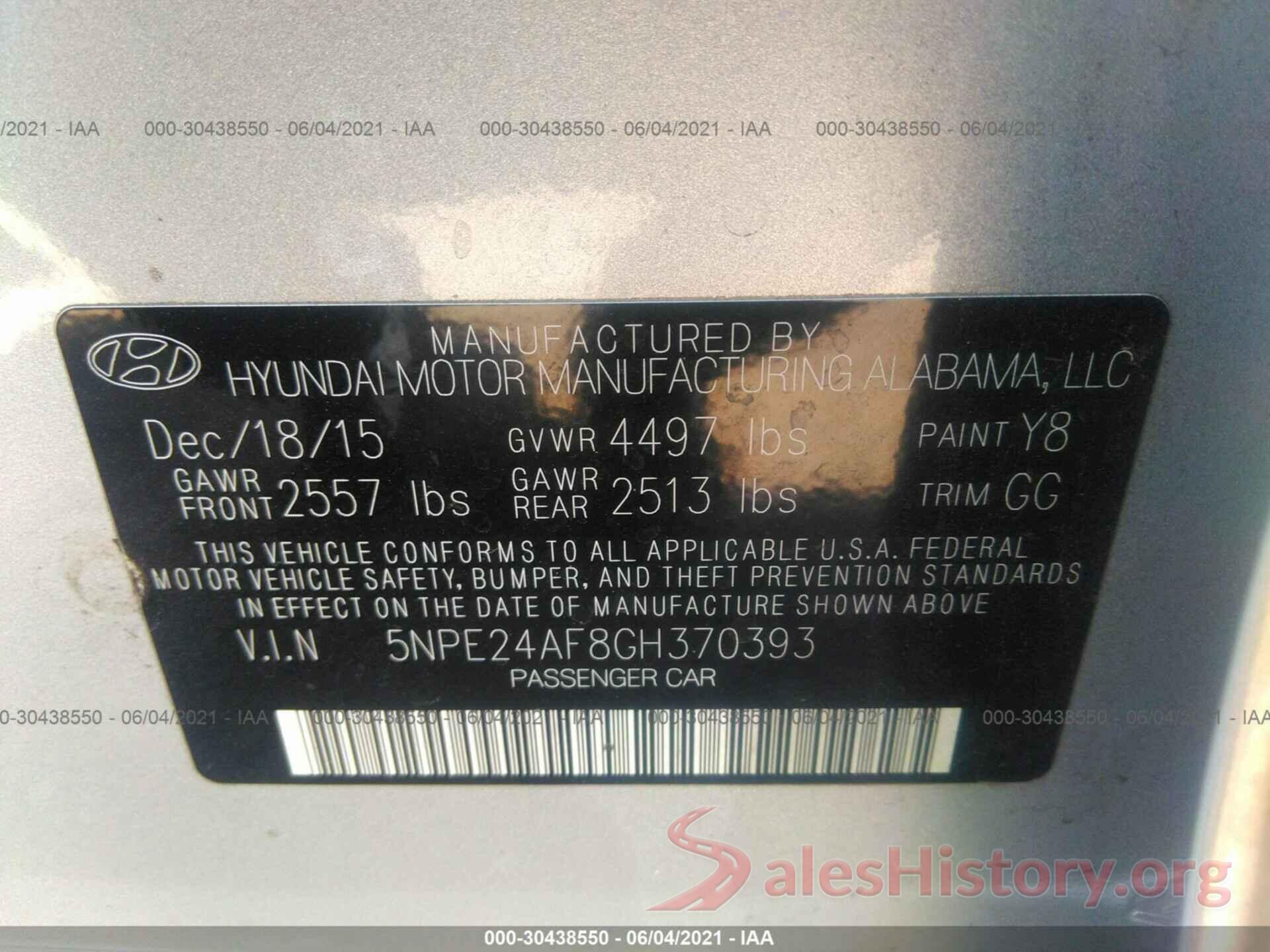 5NPE24AF8GH370393 2016 HYUNDAI SONATA