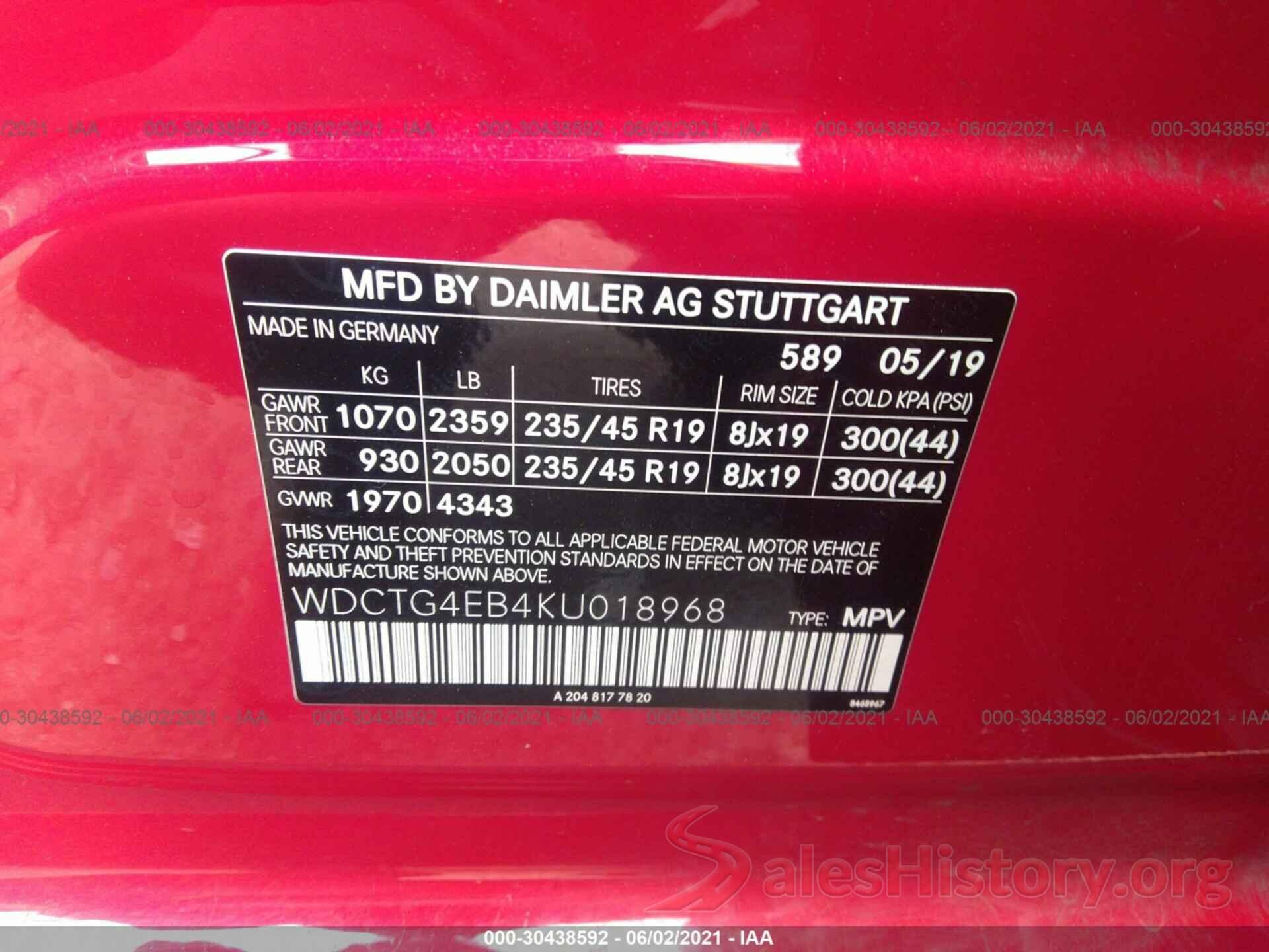 WDCTG4EB4KU018968 2019 MERCEDES-BENZ GLA