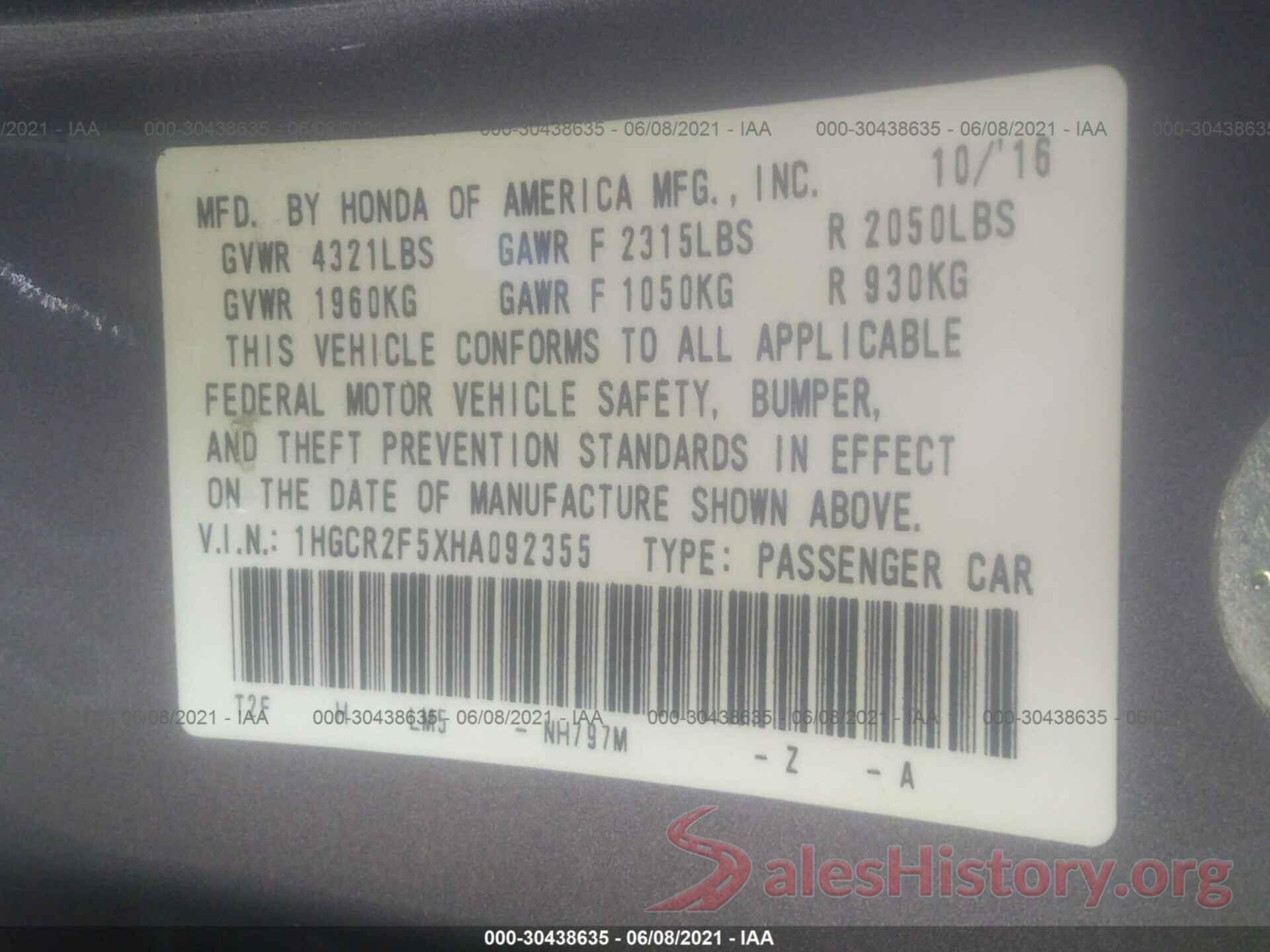 1HGCR2F5XHA092355 2017 HONDA ACCORD SEDAN