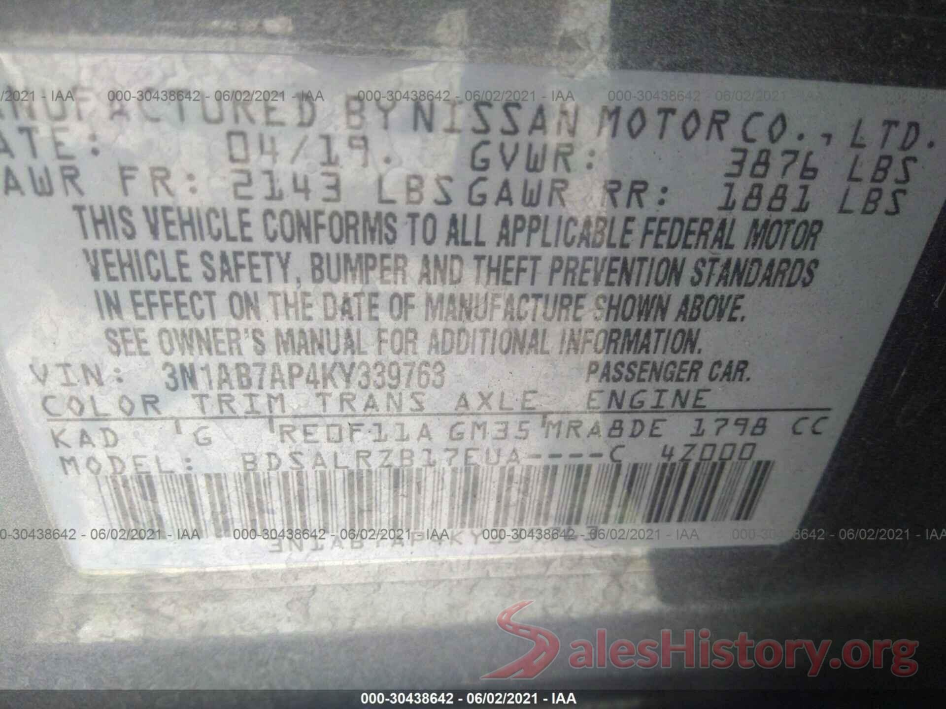 3N1AB7AP4KY339763 2019 NISSAN SENTRA