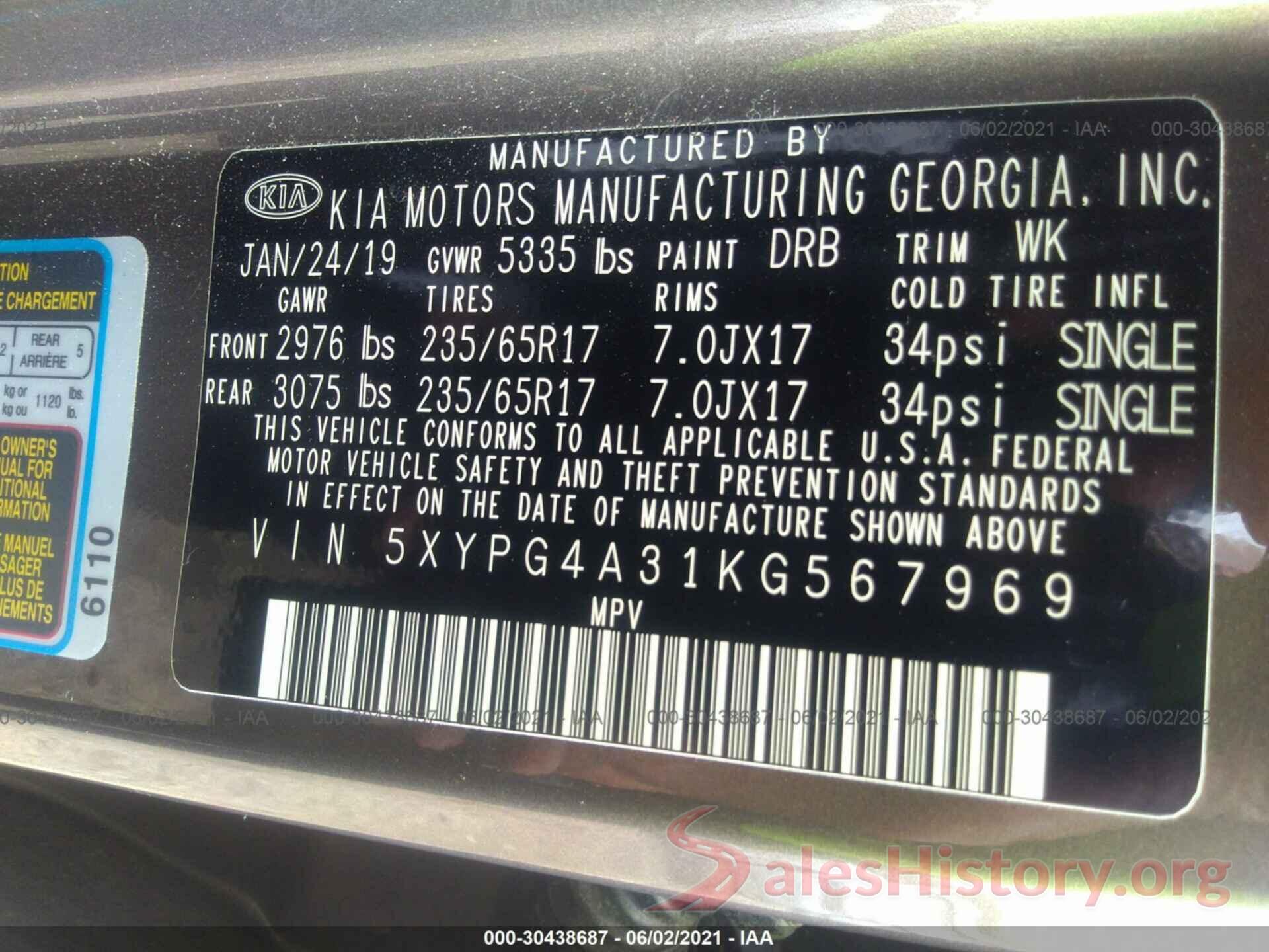 5XYPG4A31KG567969 2019 KIA SORENTO