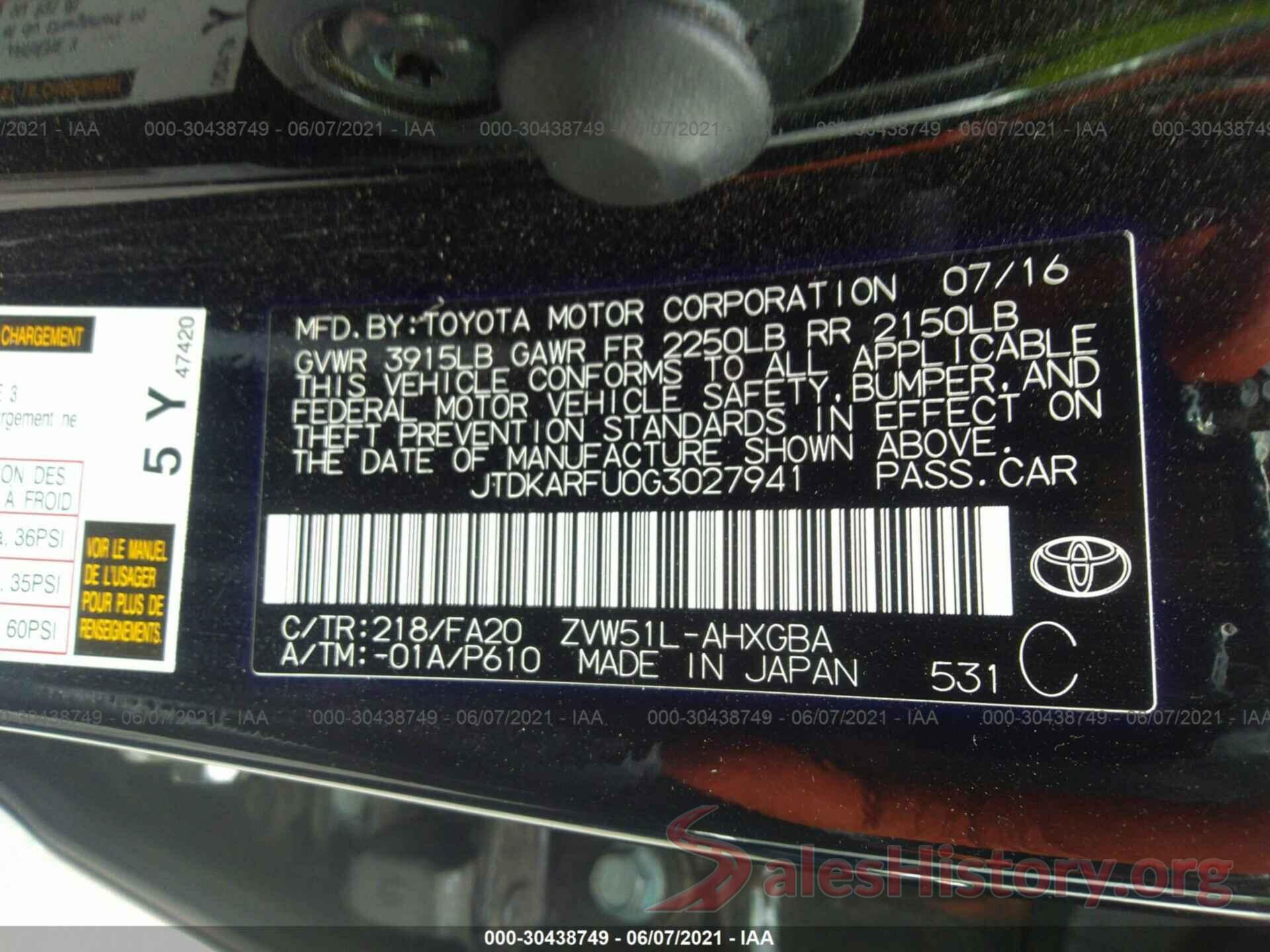 JTDKARFU0G3027941 2016 TOYOTA PRIUS