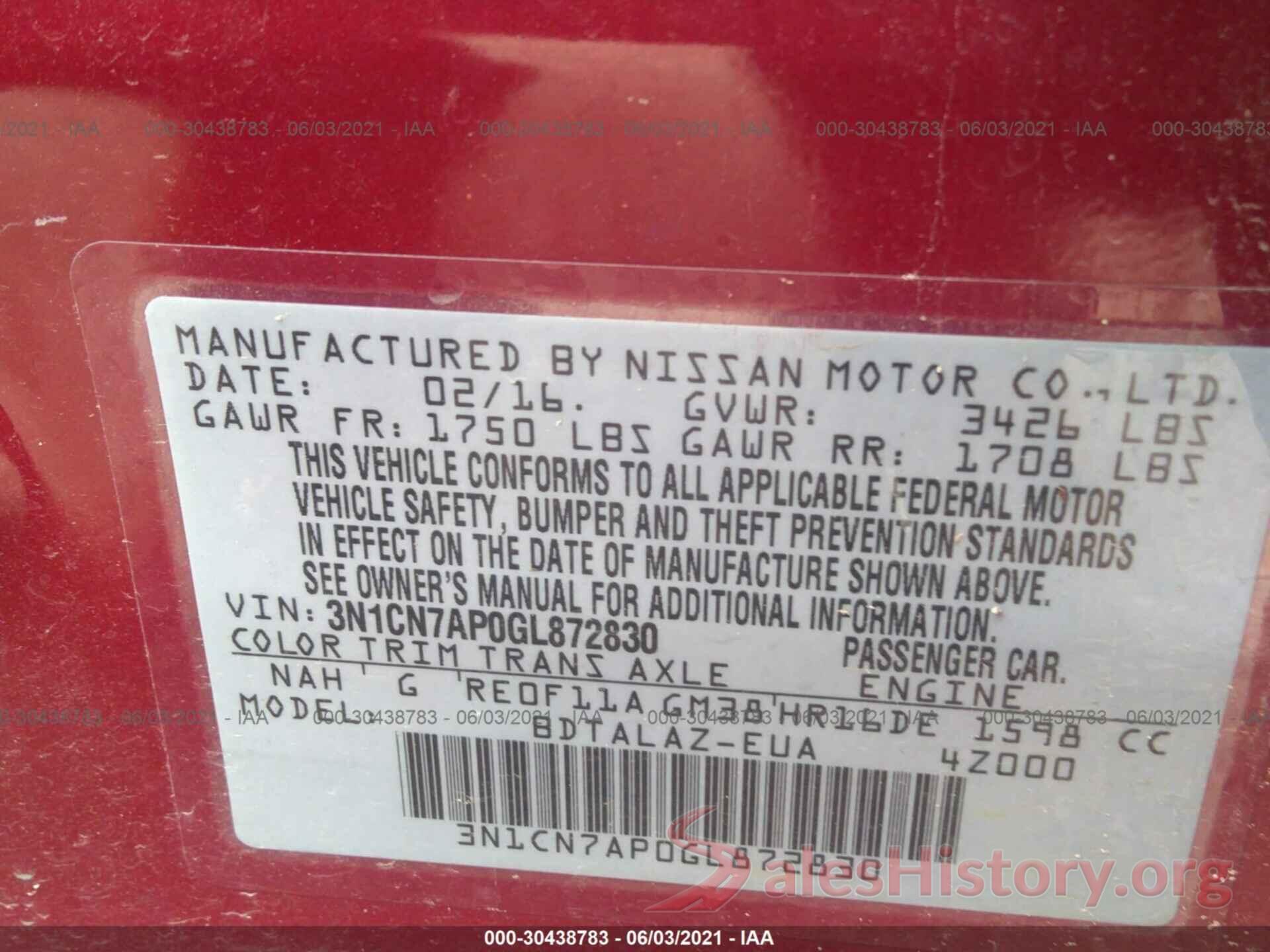 3N1CN7AP0GL872830 2016 NISSAN VERSA