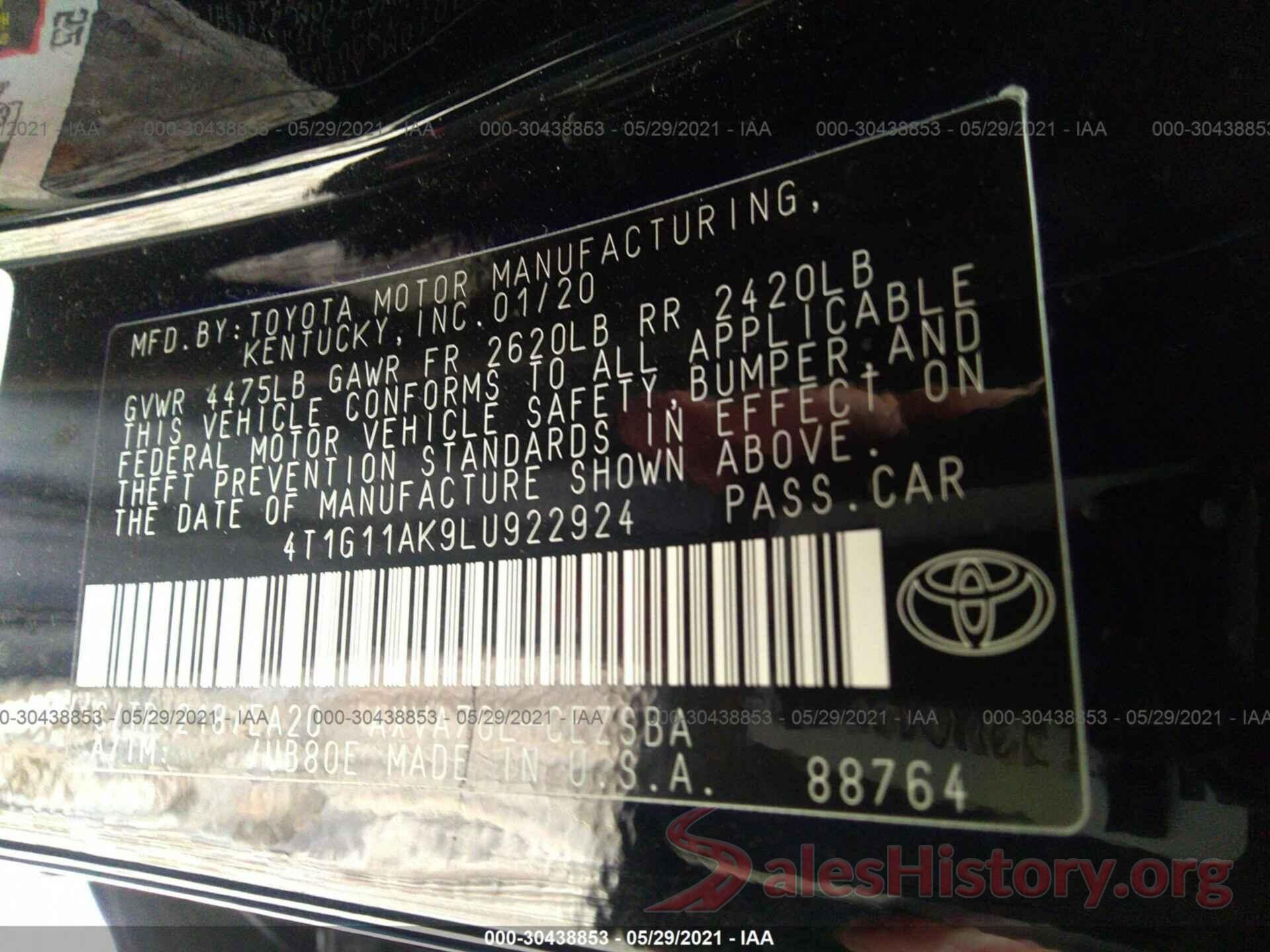 4T1G11AK9LU922924 2020 TOYOTA CAMRY