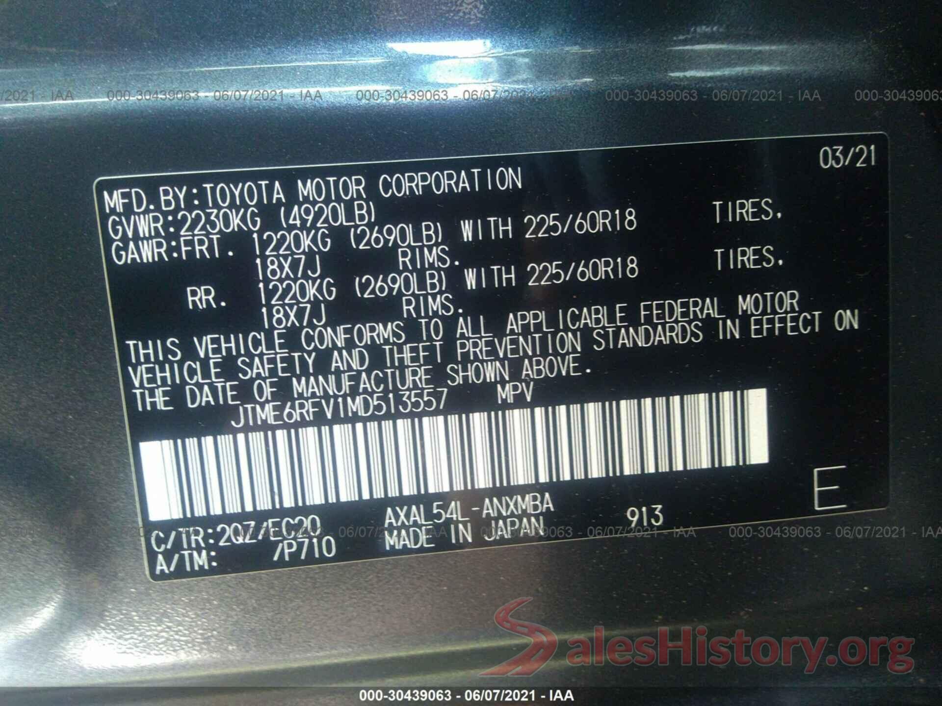 JTME6RFV1MD513557 2021 TOYOTA RAV4