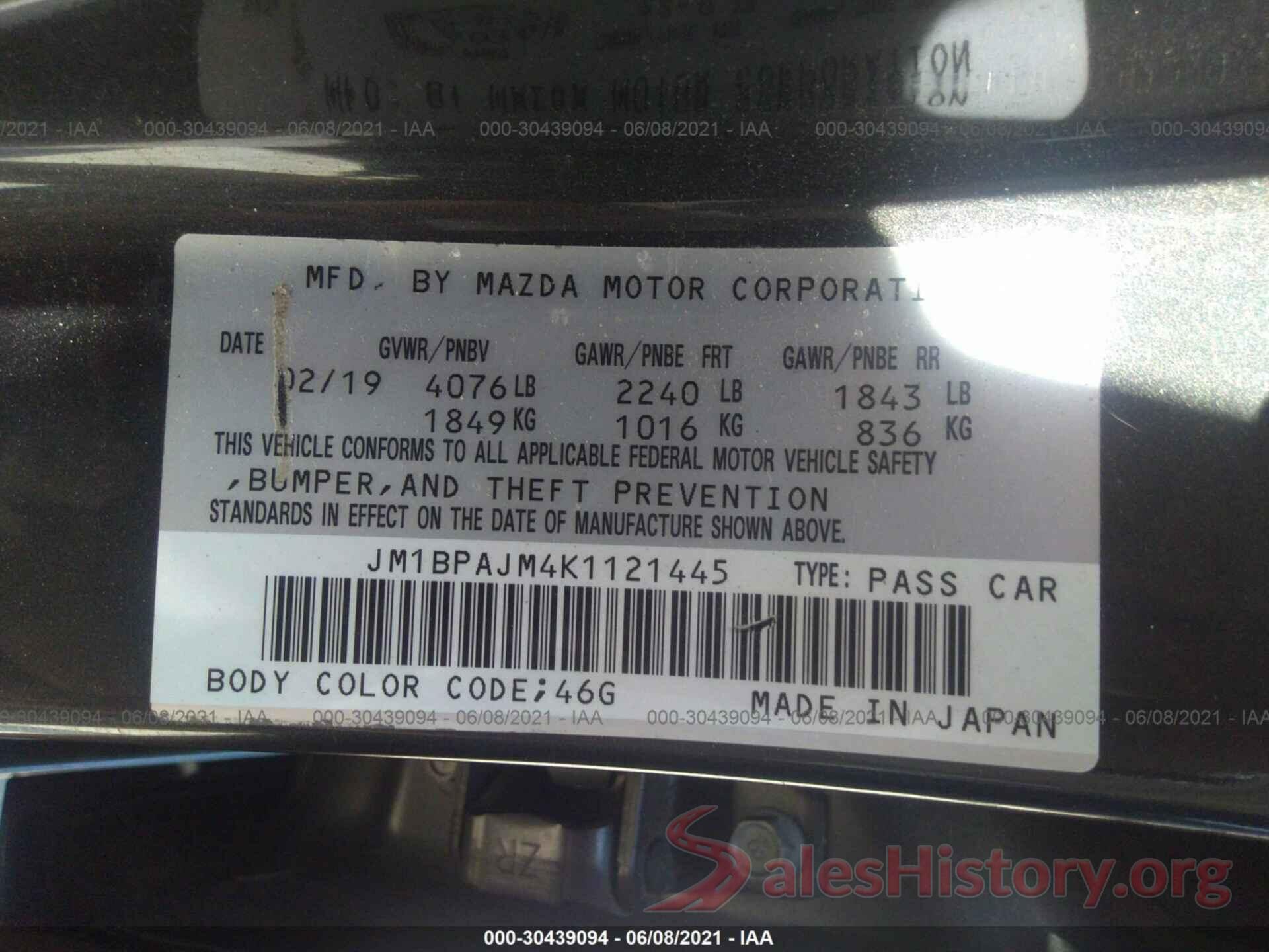 JM1BPAJM4K1121445 2019 MAZDA MAZDA3 HATCHBACK