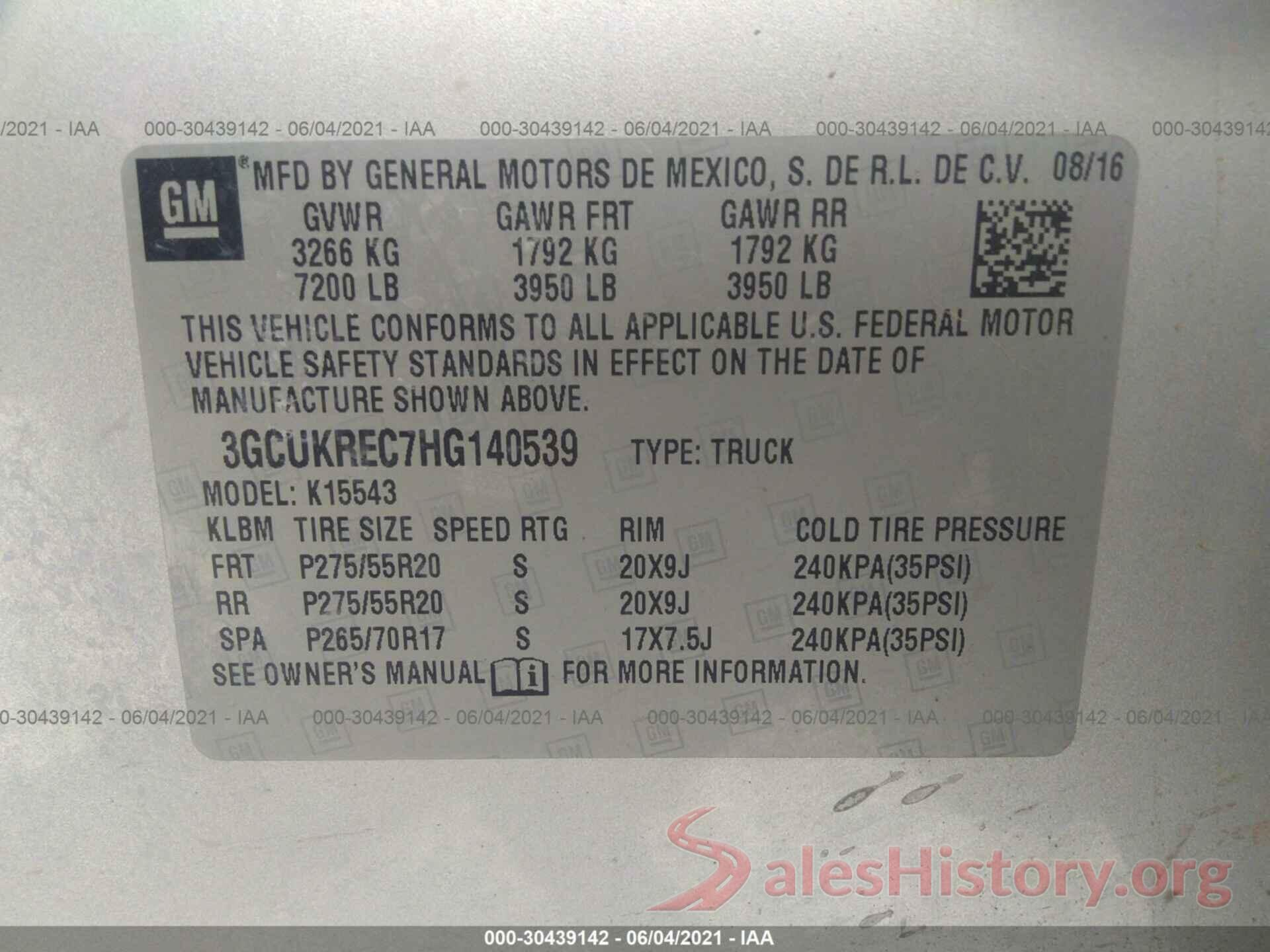 3GCUKREC7HG140539 2017 CHEVROLET SILVERADO 1500