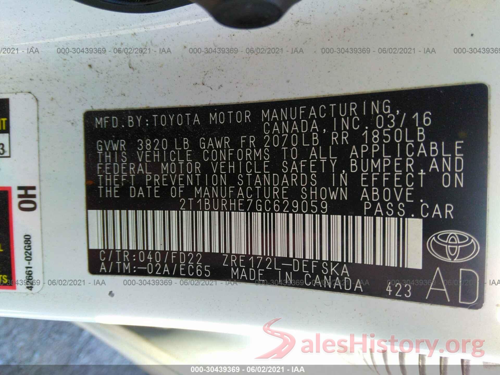 2T1BURHE7GC629059 2016 TOYOTA COROLLA