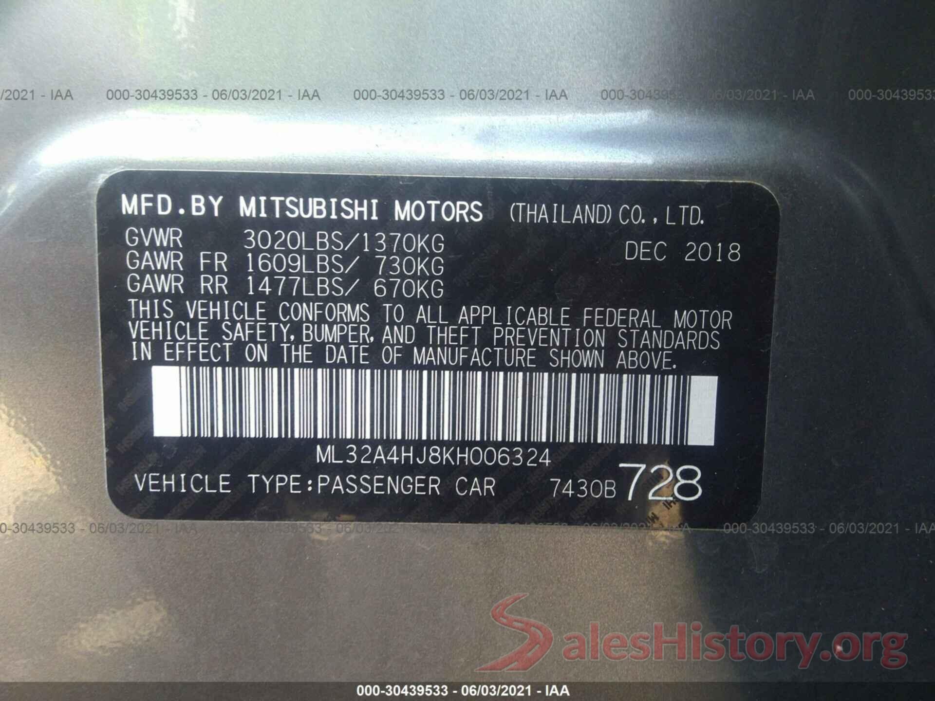 ML32A4HJ8KH006324 2019 MITSUBISHI MIRAGE