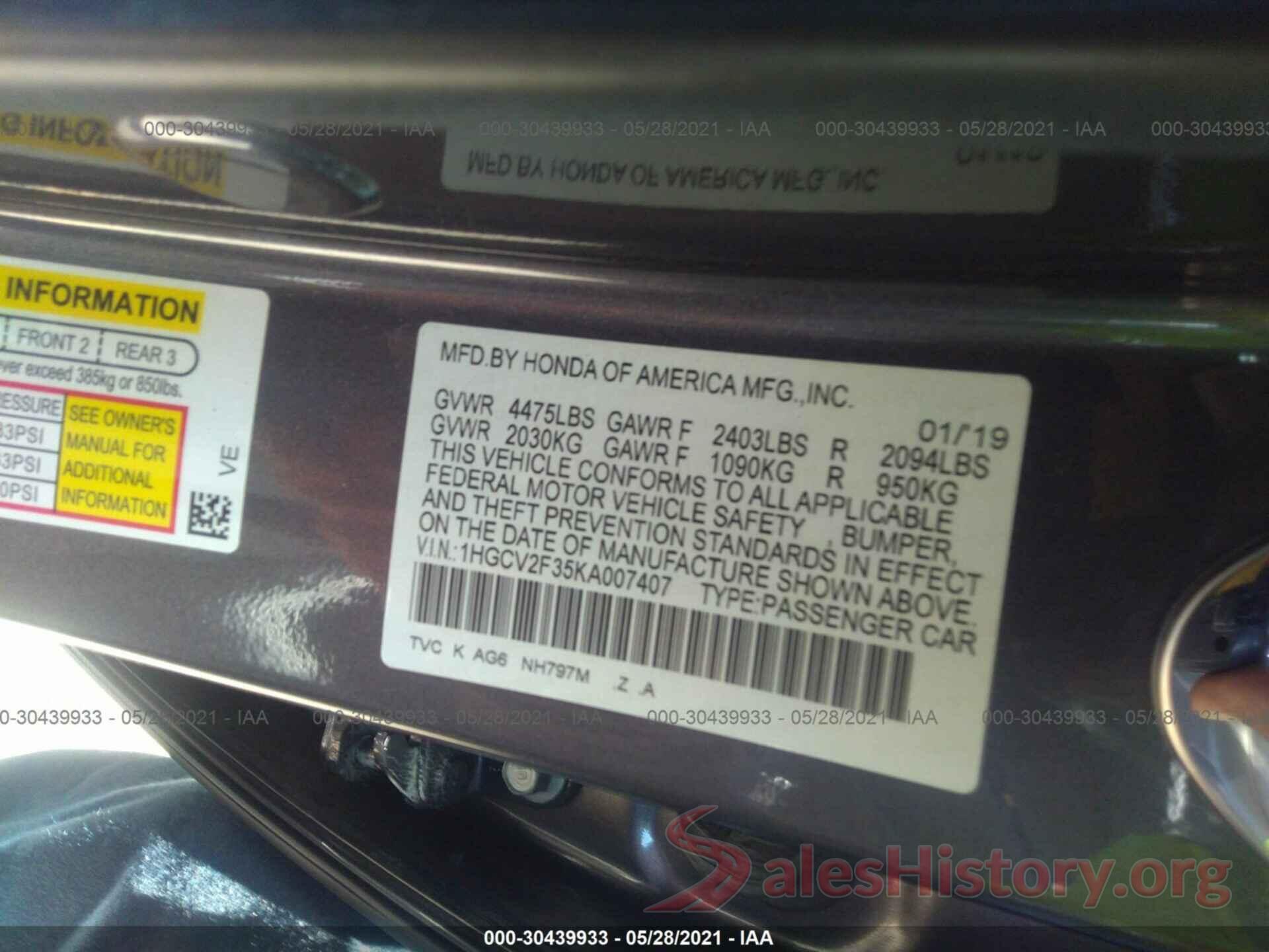 1HGCV2F35KA007407 2019 HONDA ACCORD SEDAN