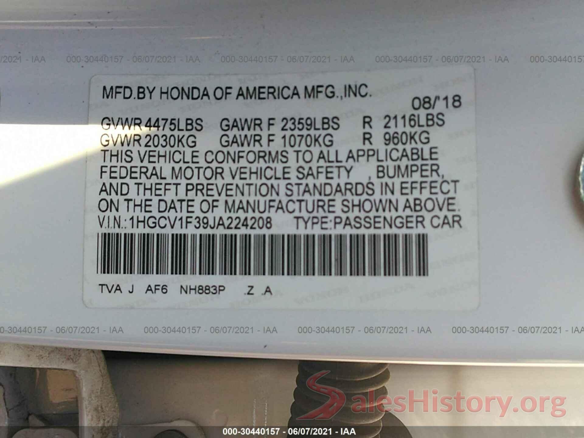 1HGCV1F39JA224208 2018 HONDA ACCORD SEDAN