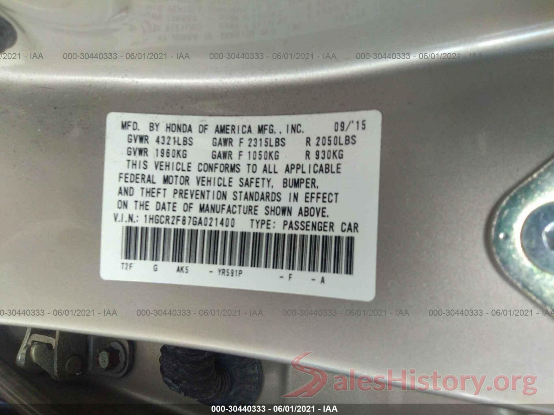 1HGCR2F87GA021400 2016 HONDA ACCORD SEDAN