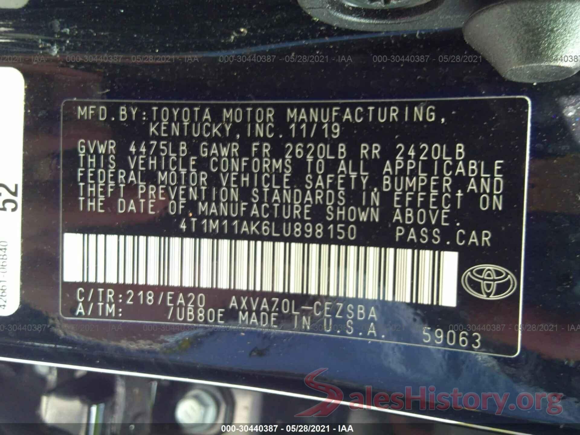 4T1M11AK6LU898150 2020 TOYOTA CAMRY