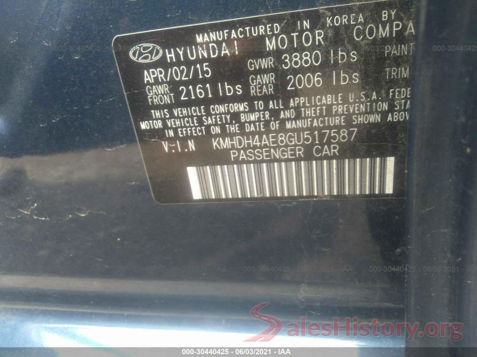 KMHDH4AE8GU517587 2016 HYUNDAI ELANTRA