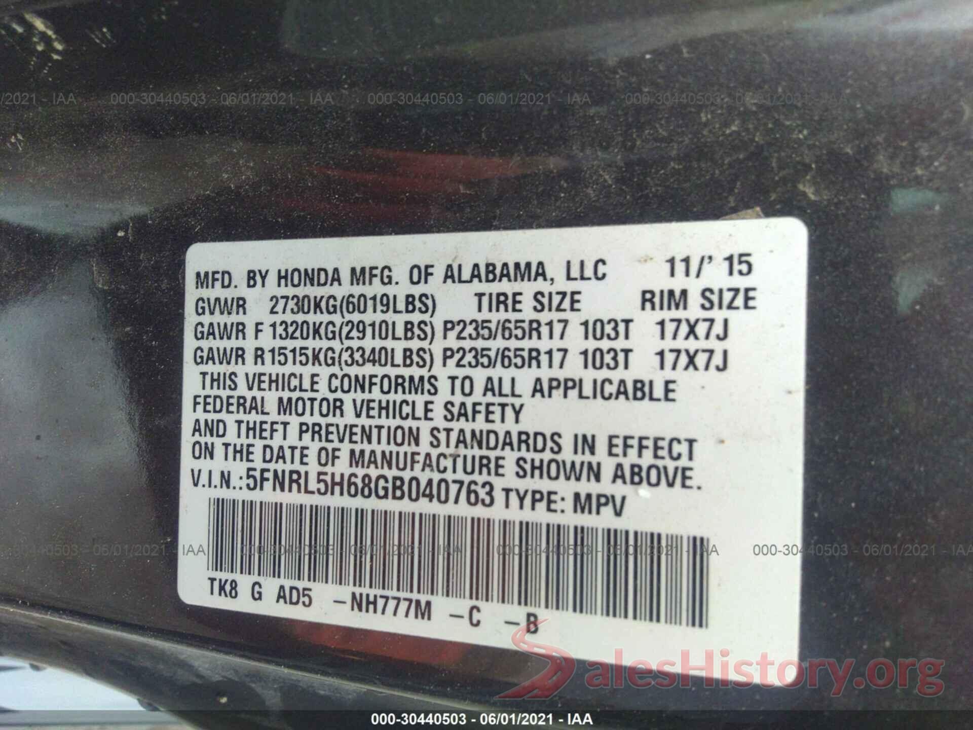 5FNRL5H68GB040763 2016 HONDA ODYSSEY