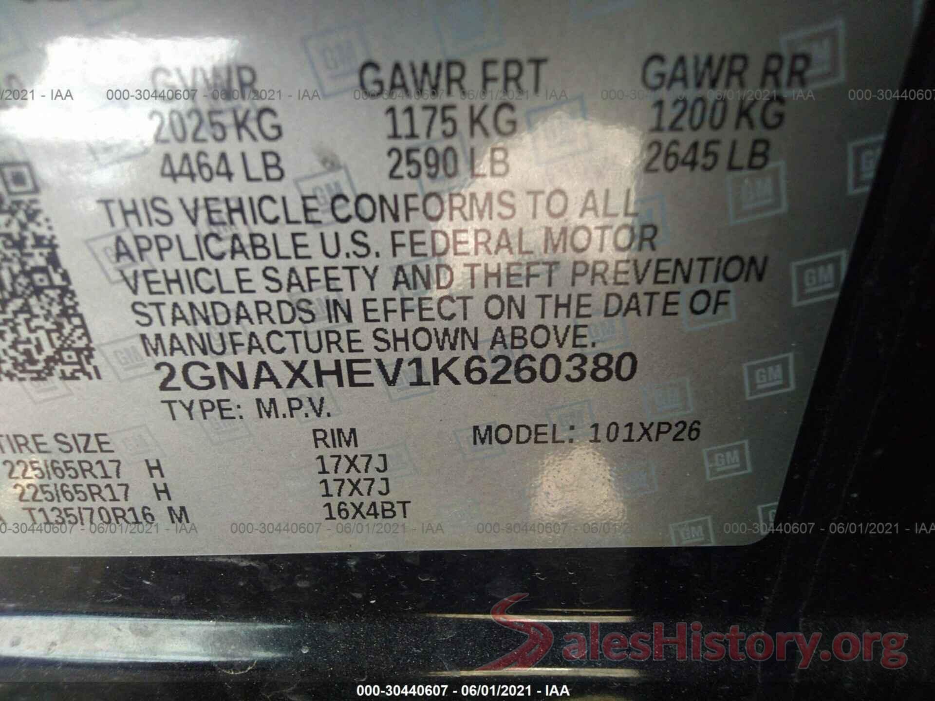 2GNAXHEV1K6260380 2019 CHEVROLET EQUINOX