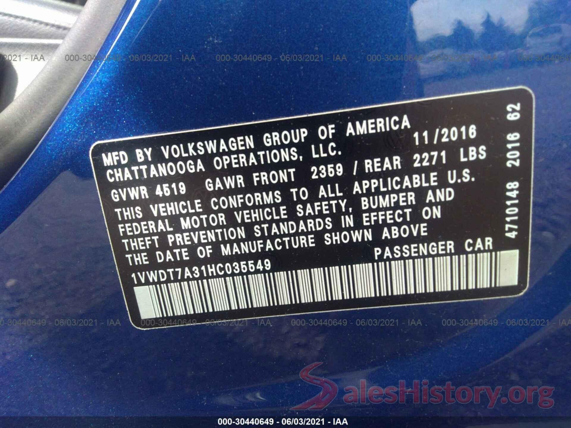 1VWDT7A31HC035549 2017 VOLKSWAGEN PASSAT