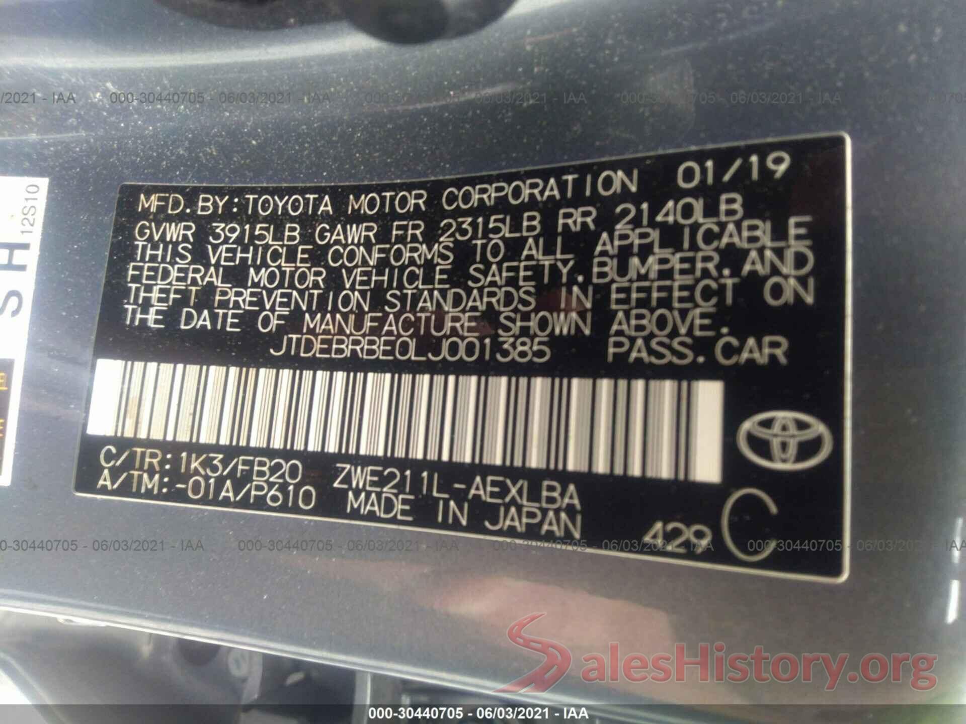 JTDEBRBE0LJ001385 2020 TOYOTA COROLLA