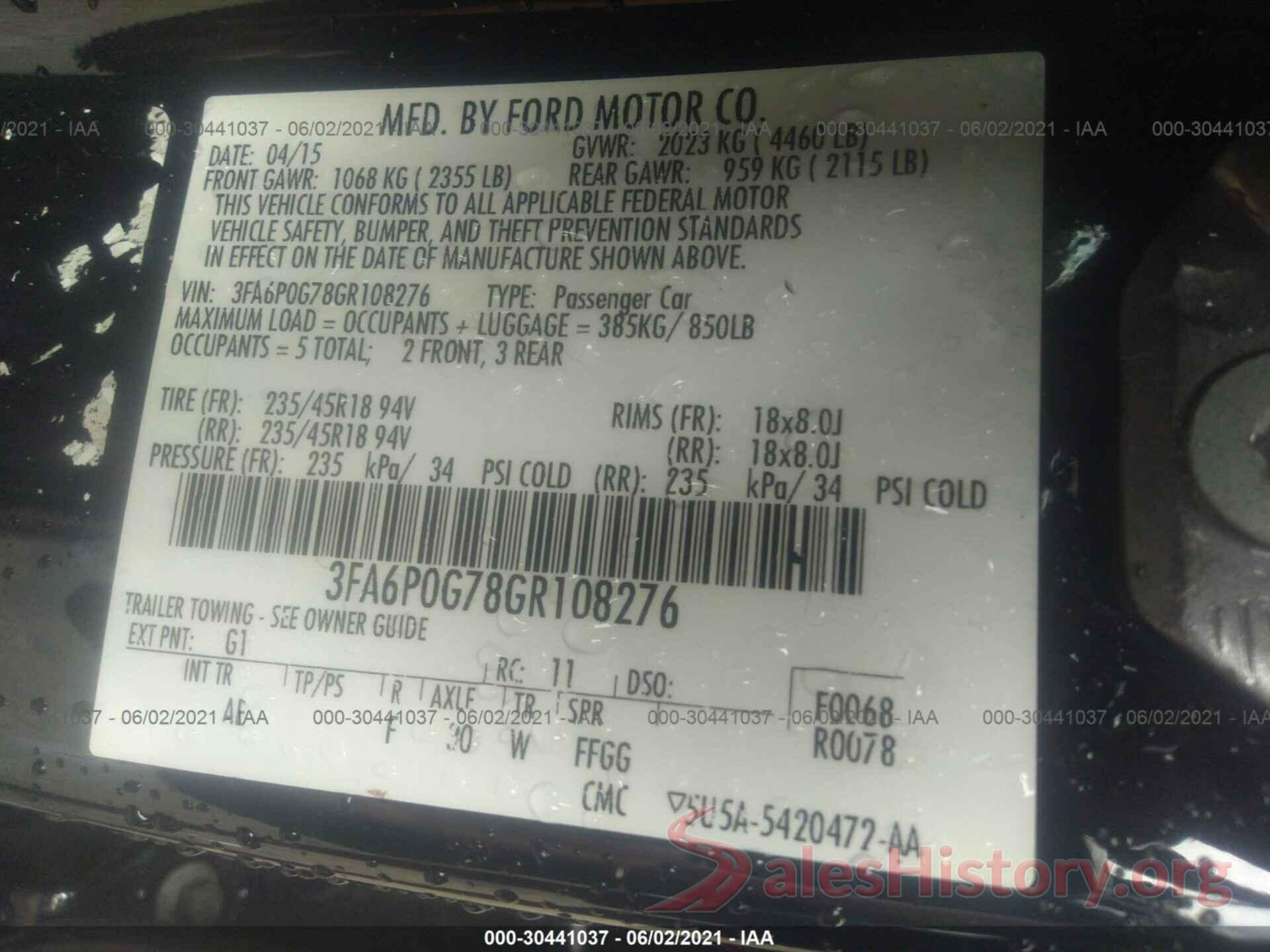 3FA6P0G78GR108276 2016 FORD FUSION