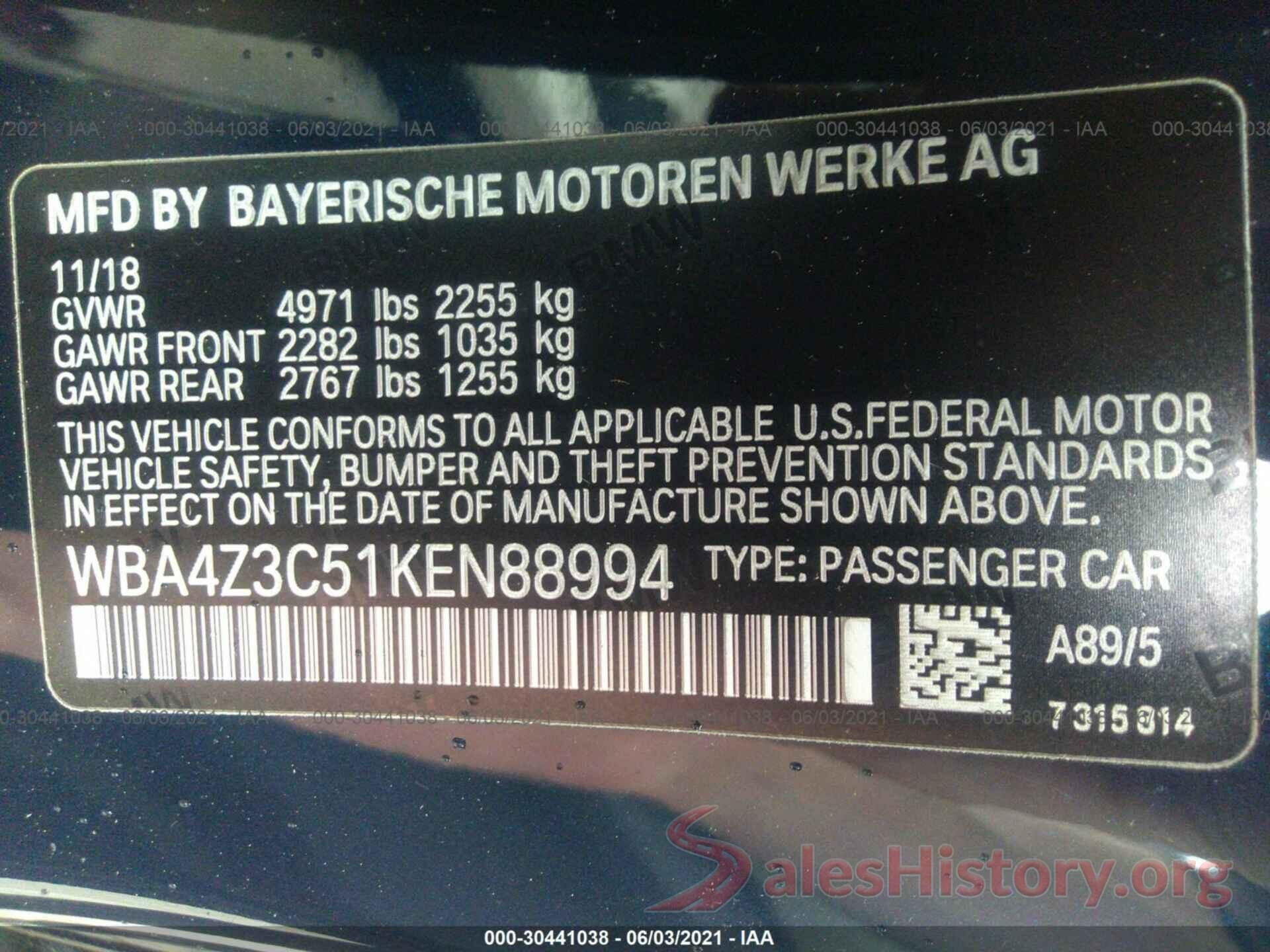 WBA4Z3C51KEN88994 2019 BMW 4 SERIES