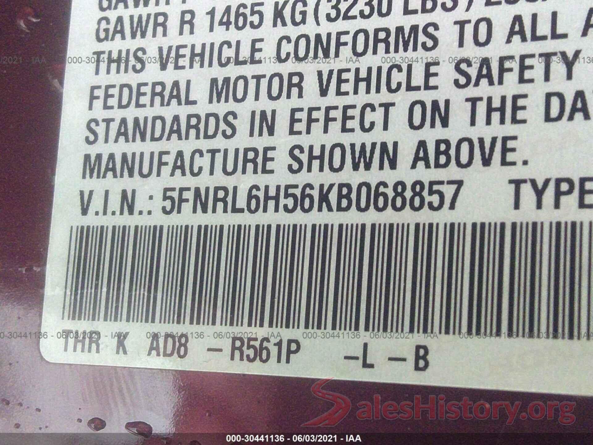 5FNRL6H56KB068857 2019 HONDA ODYSSEY