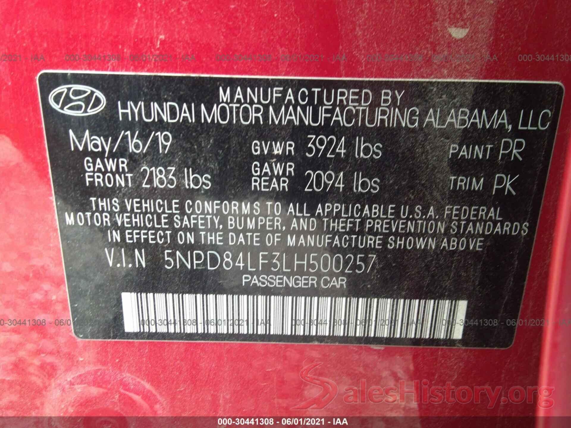 5NPD84LF3LH500257 2020 HYUNDAI ELANTRA