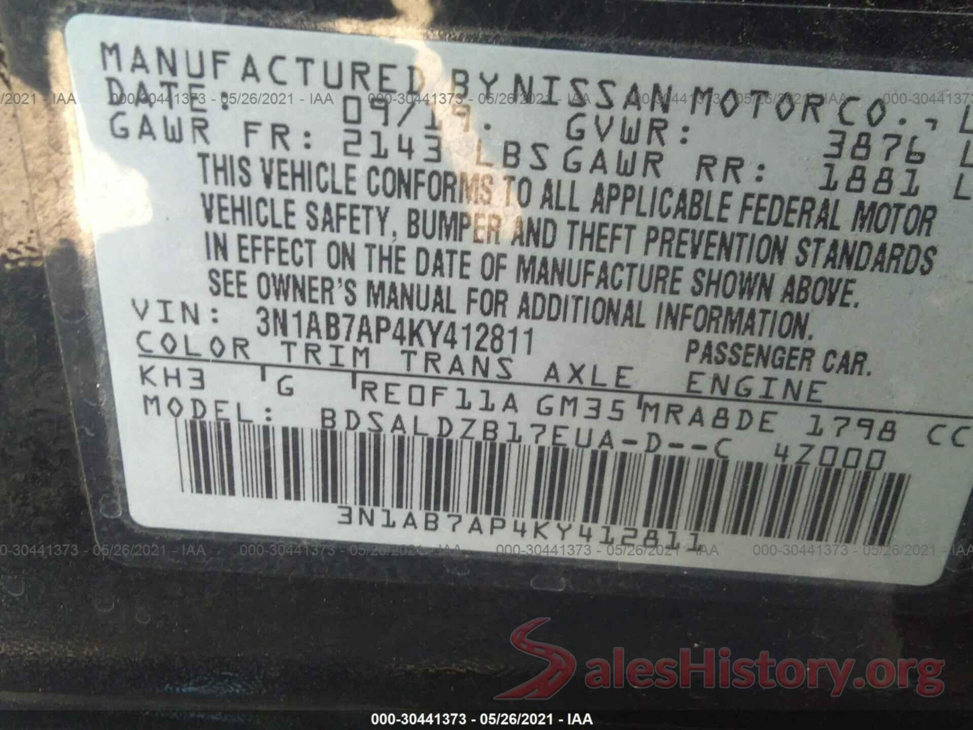 3N1AB7AP4KY412811 2019 NISSAN SENTRA