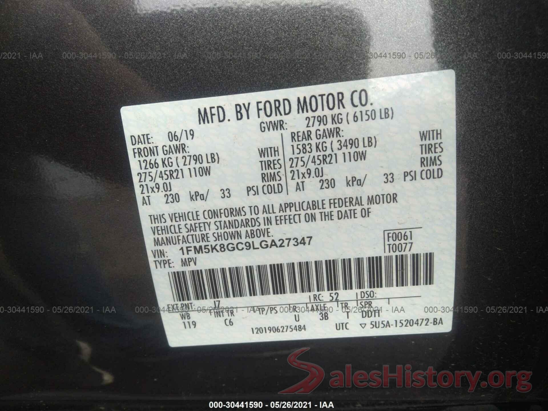 1FM5K8GC9LGA27347 2020 FORD EXPLORER