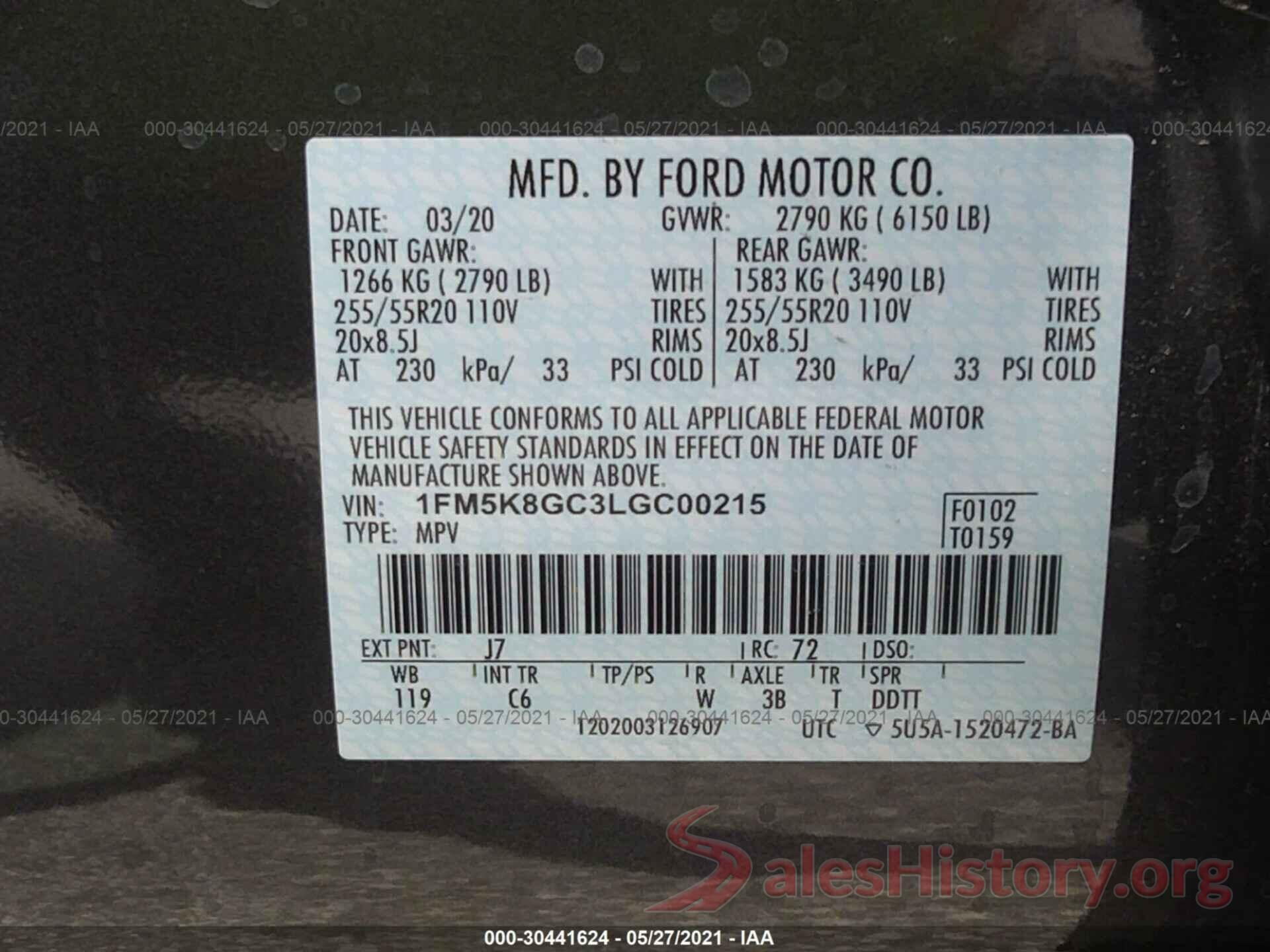 1FM5K8GC3LGC00215 2020 FORD EXPLORER