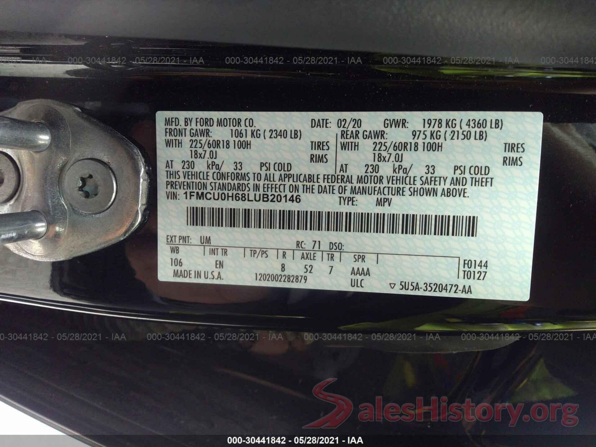 1FMCU0H68LUB20146 2020 FORD ESCAPE