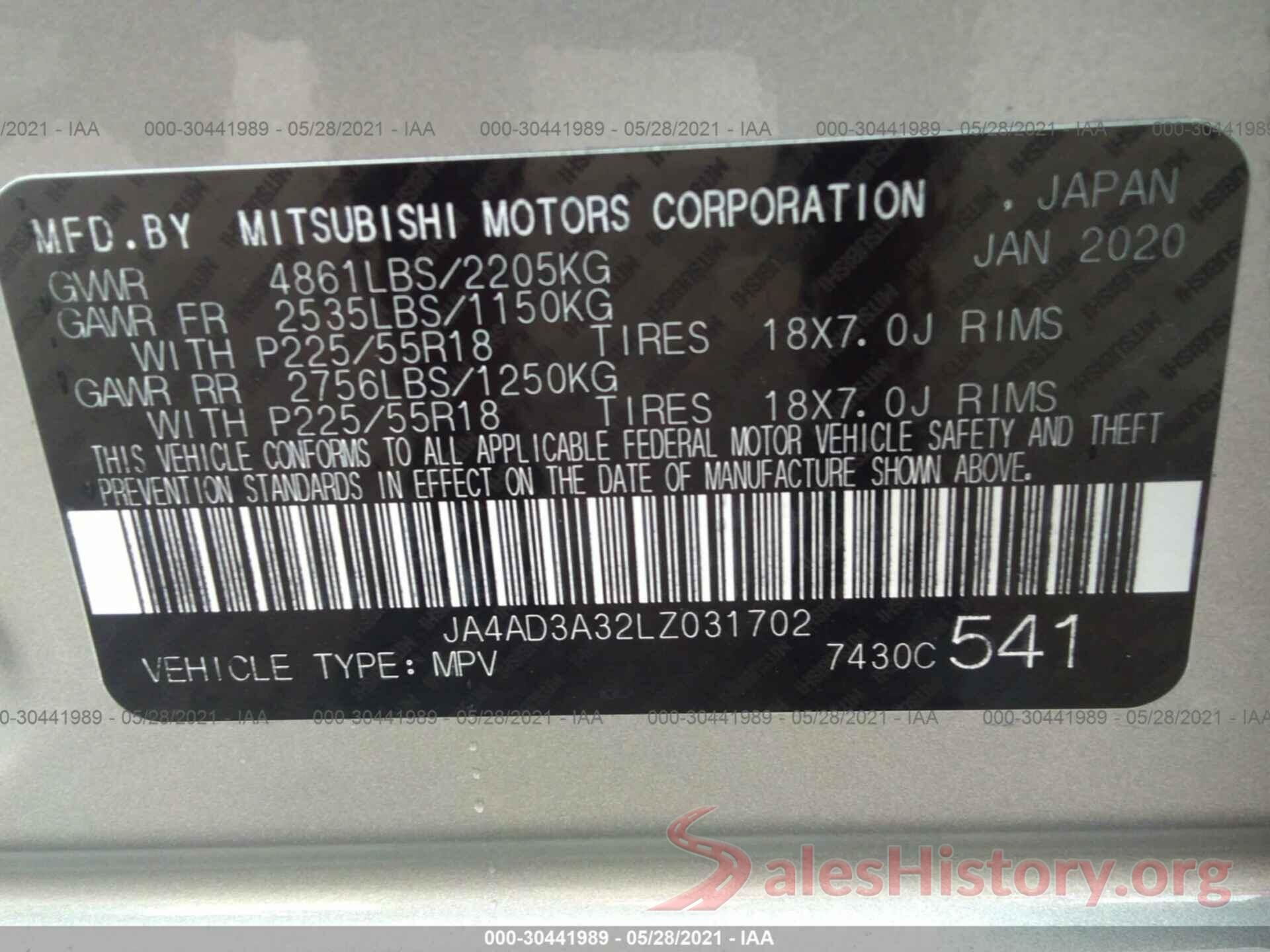 JA4AD3A32LZ031702 2020 MITSUBISHI OUTLANDER