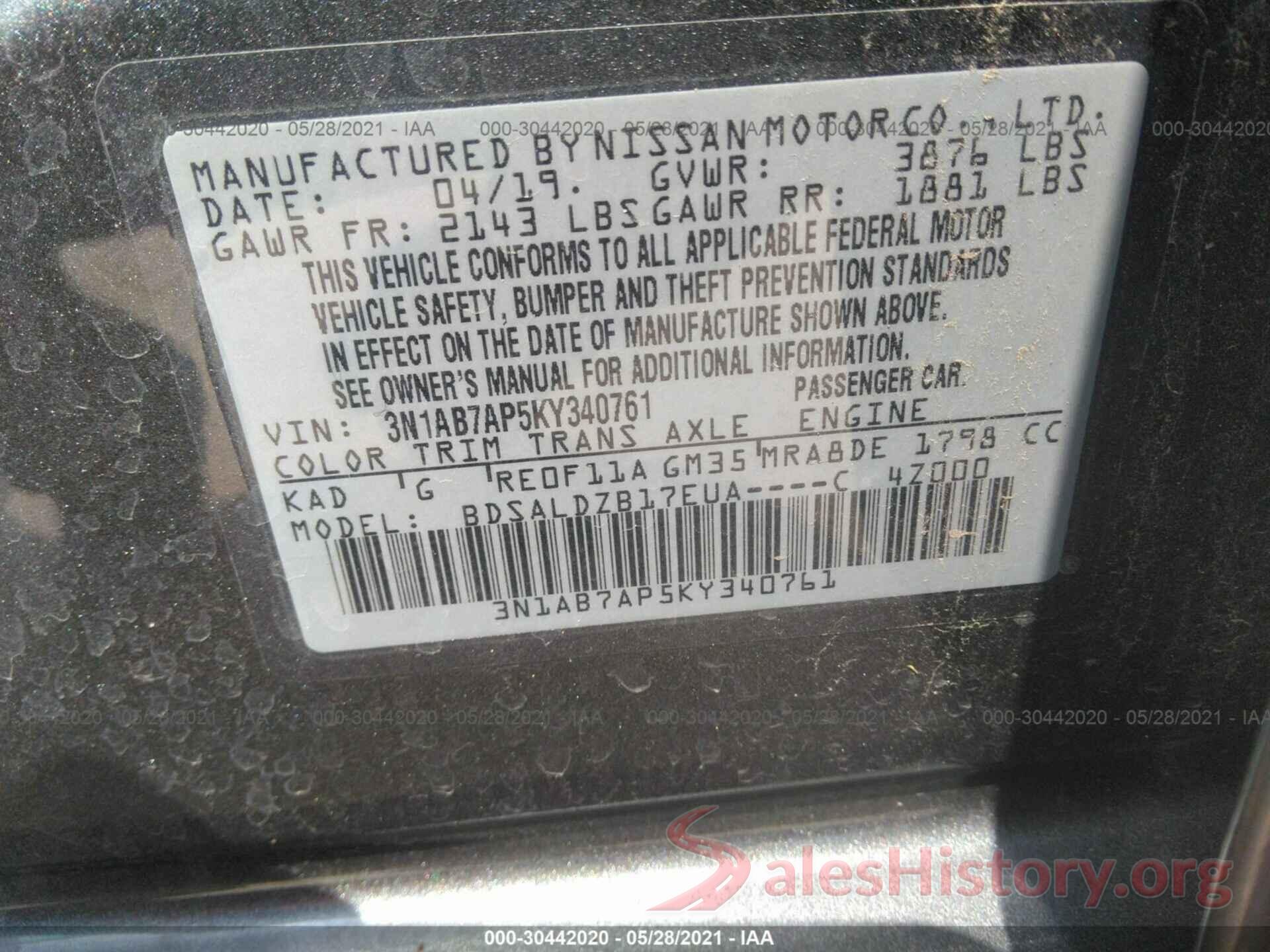 3N1AB7AP5KY340761 2019 NISSAN SENTRA