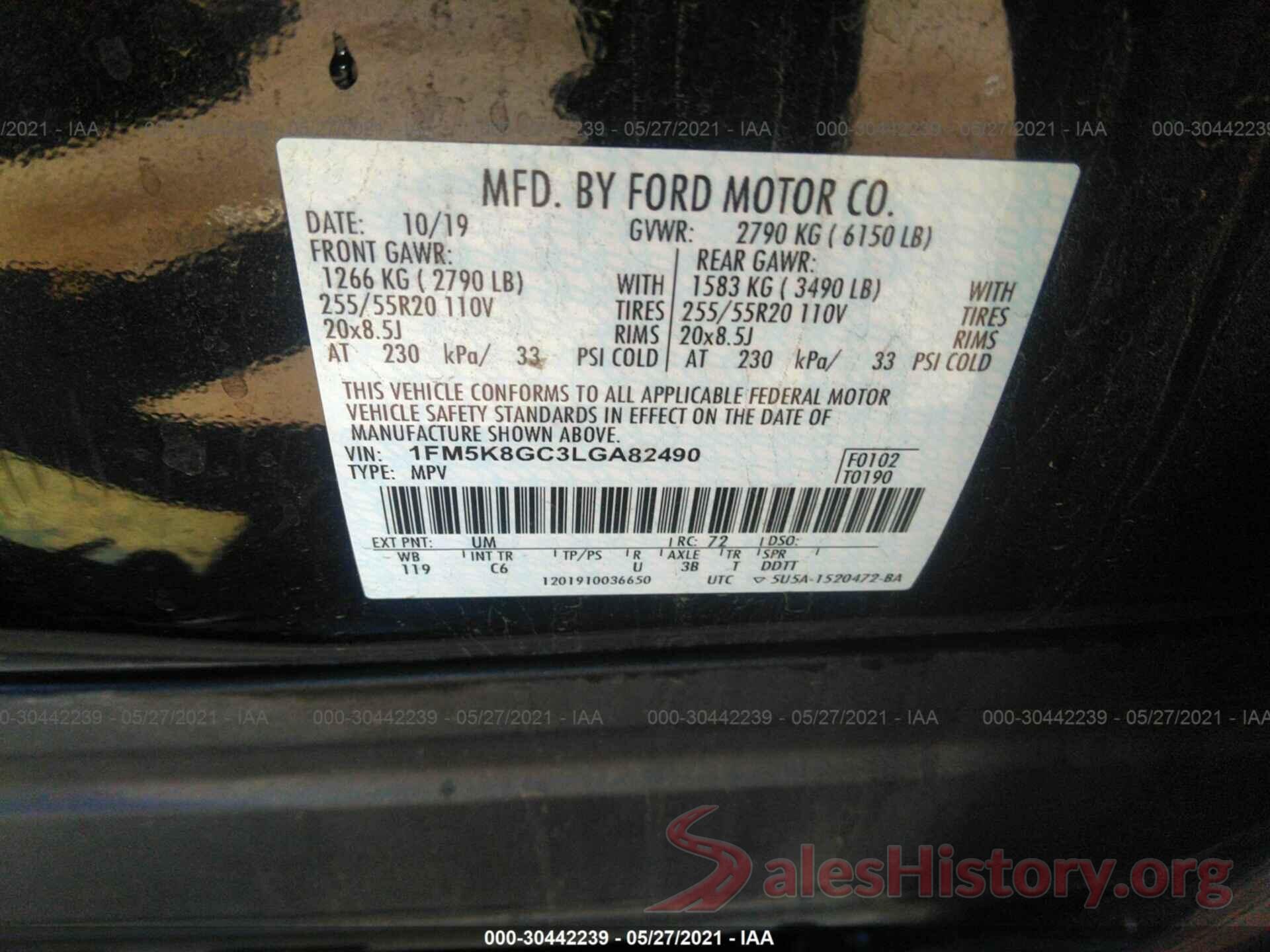 1FM5K8GC3LGA82490 2020 FORD EXPLORER