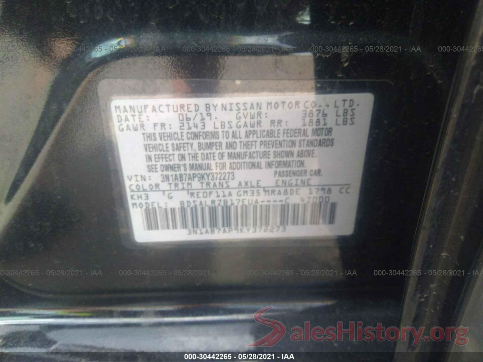 3N1AB7AP9KY372273 2019 NISSAN SENTRA