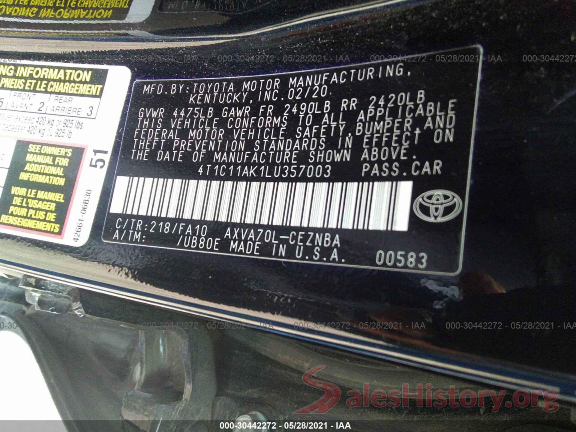 4T1C11AK1LU357003 2020 TOYOTA CAMRY