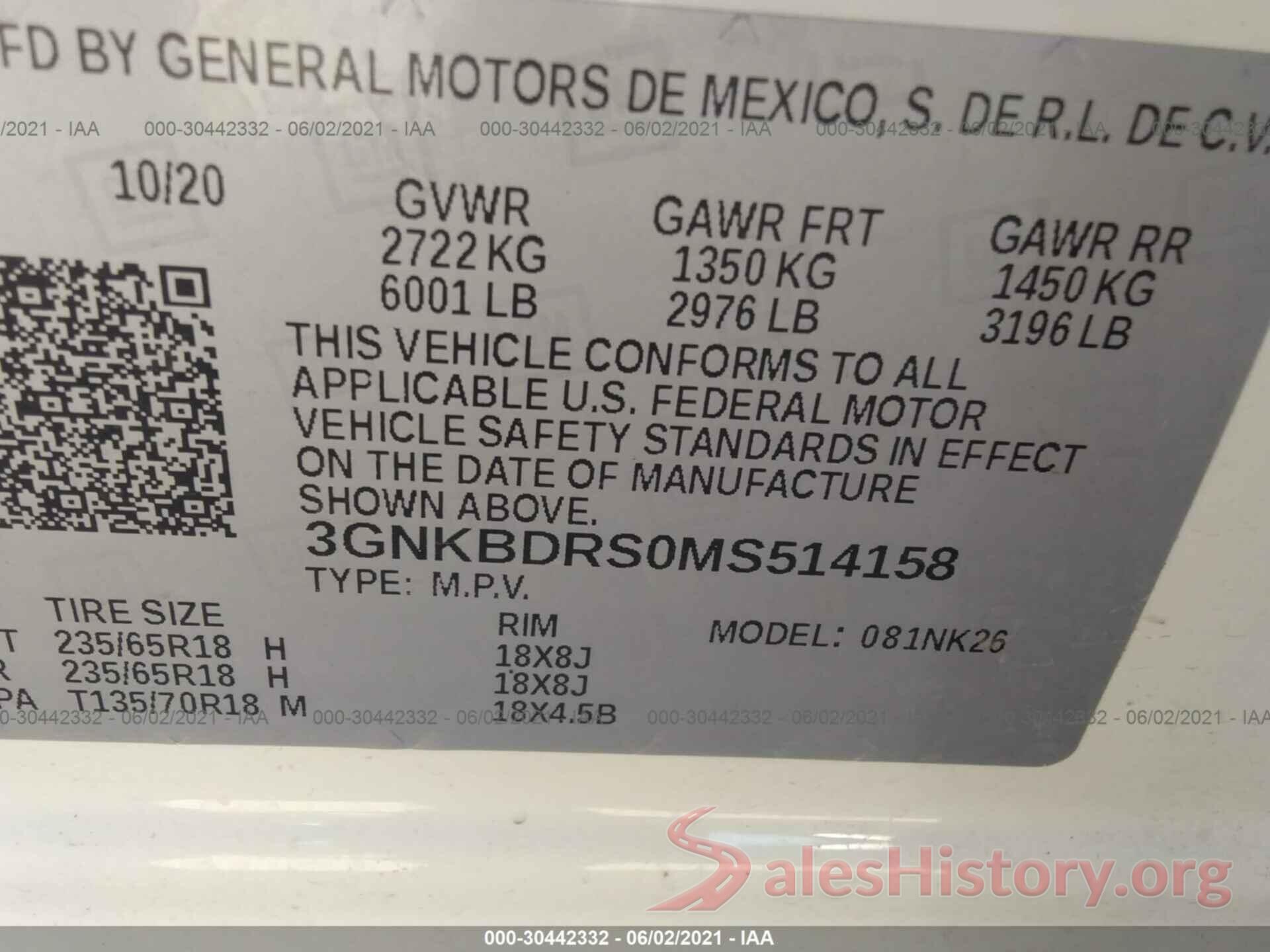 3GNKBDRS0MS514158 2021 CHEVROLET BLAZER