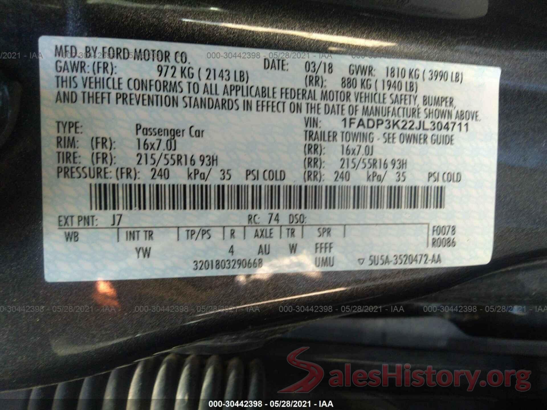 1FADP3K22JL304711 2018 FORD FOCUS