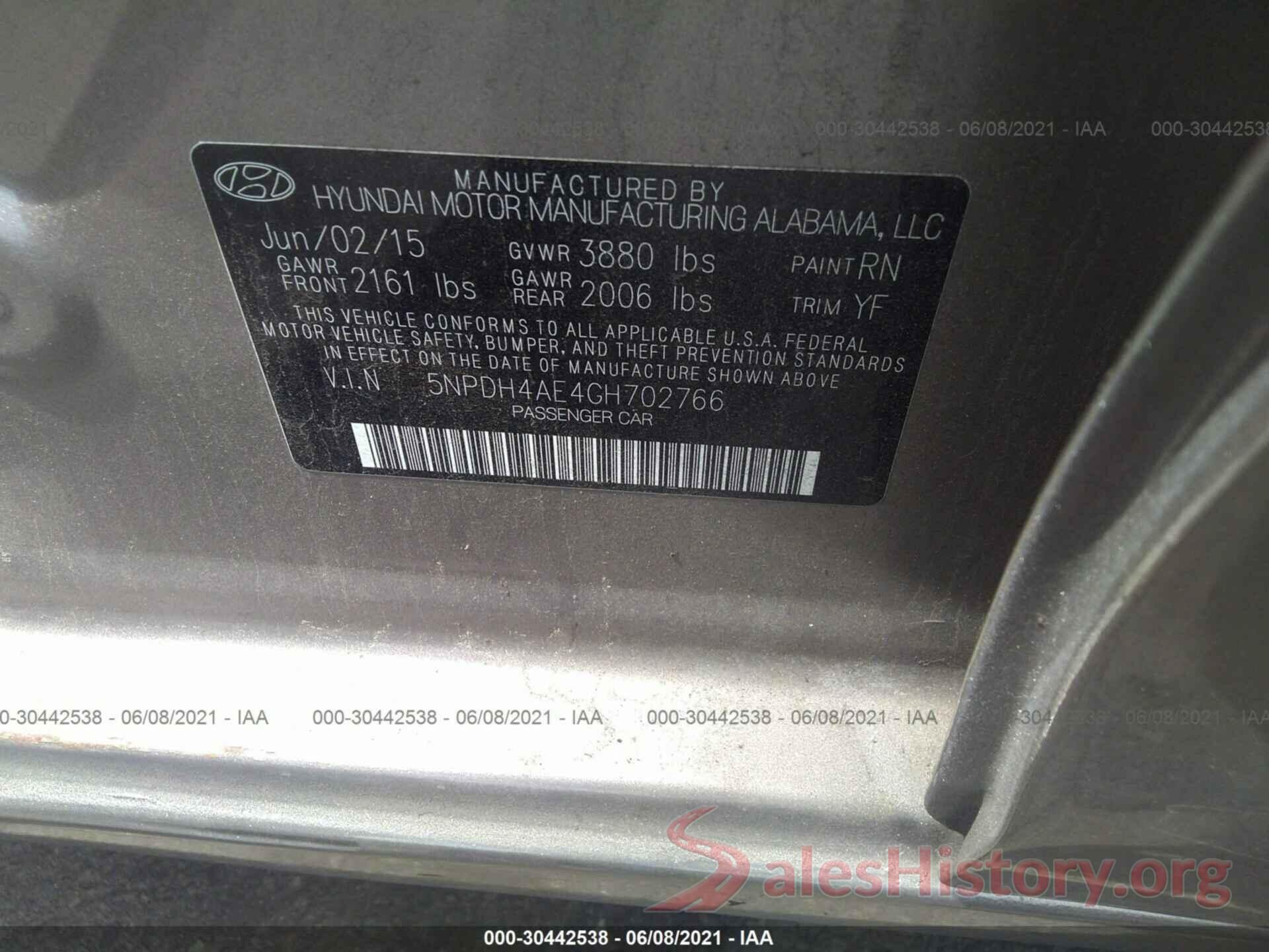 5NPDH4AE4GH702766 2016 HYUNDAI ELANTRA