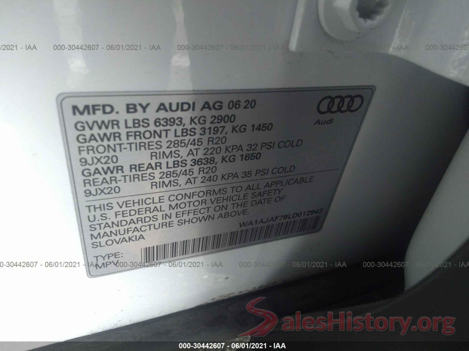 WA1AJAF79LD012943 2020 AUDI Q7